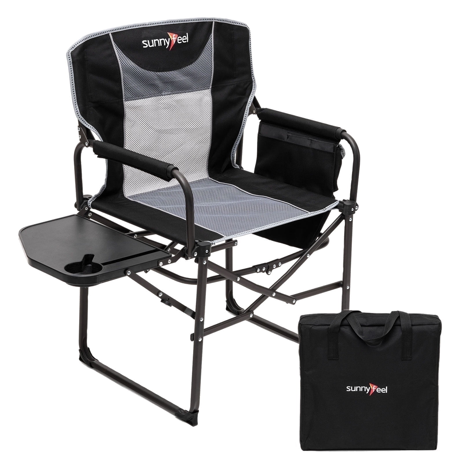Sunnyfeel Heavy Duty Oversized Portable Folding Director Chair with Side Table and Storage Pockets (Black, 21 in x 25 in x 36 in) msdak