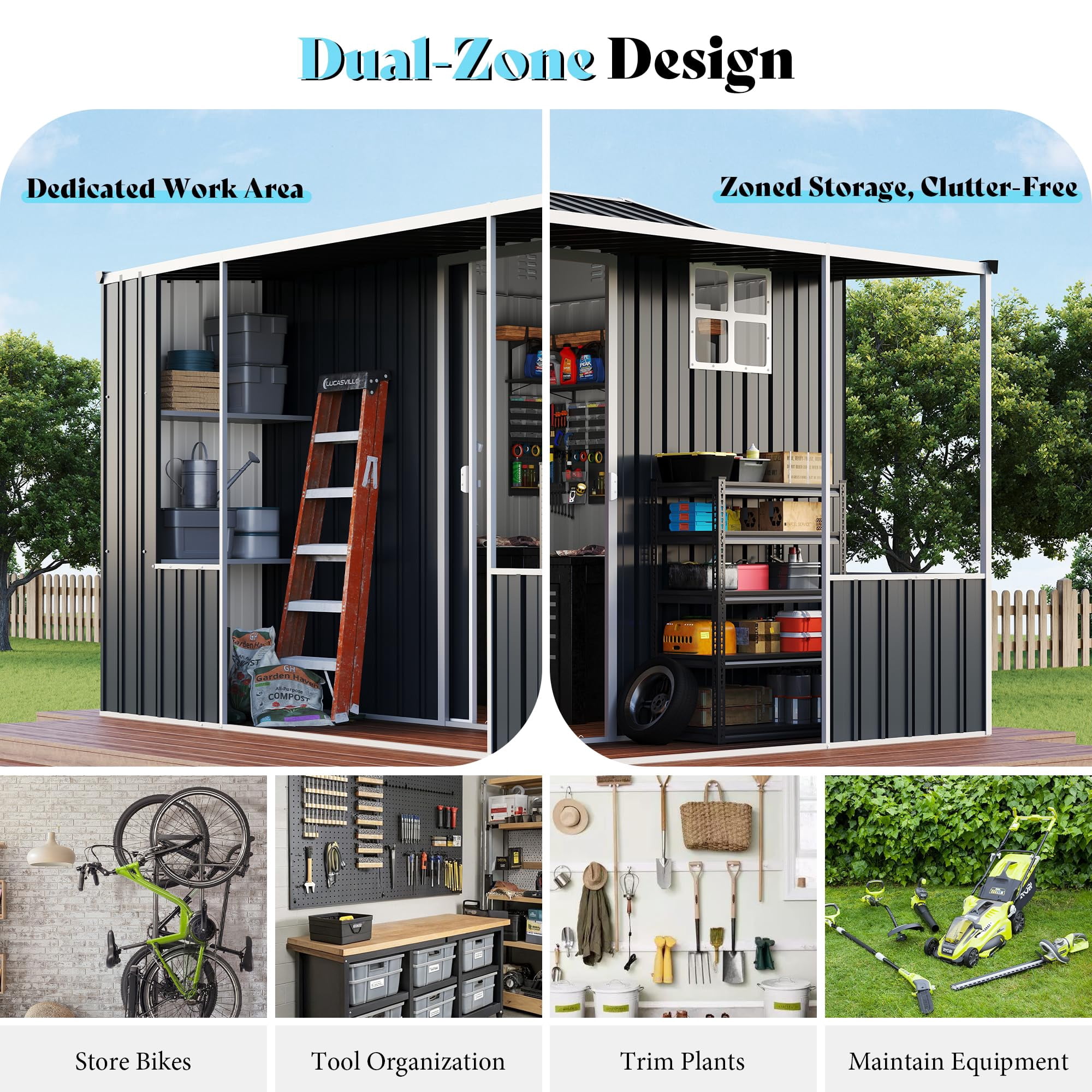 Jocisland Metal Storage Shed, Dual-Zone Outdoor Tool Shed with Work Area, Reinforced Frame, Gable Roof (Dark Grey, 10 ft x 10.5 ft x 7 ft) ls405