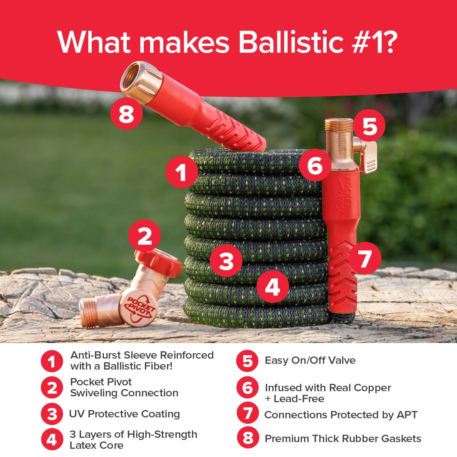 Pocket Hose Ballistic Expandable Garden Hose with Pivot Connector (Black, 50 ft) 4hbr5