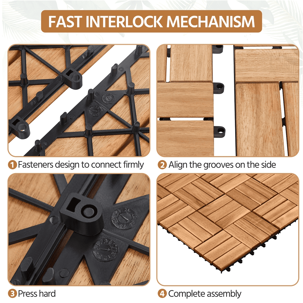 Yaheetech Interlocking Acacia Wood Deck Tiles for Patio and Garden (Brown, 27 Pack, 12.5 in x 12.5 in) p5wn7