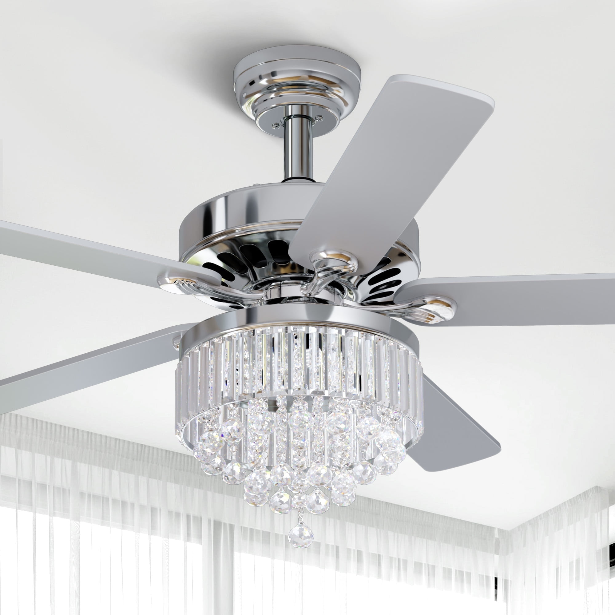 Dextrus 52 in Chandelier Ceiling Fan with Remote, Crystal Light Fixture, Silent Reversible Motor, Chrome (52 in) 6qwa1