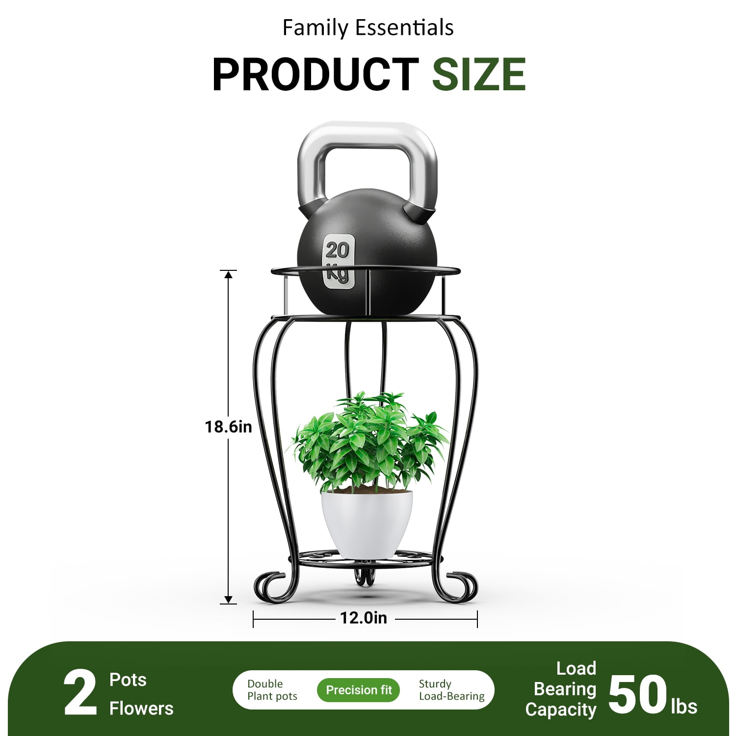 Foukus 2-Tier Metal Plant Stand, Rust-Resistant Indoor and Outdoor Flower Display Rack (Black, 19 in) 67kka
