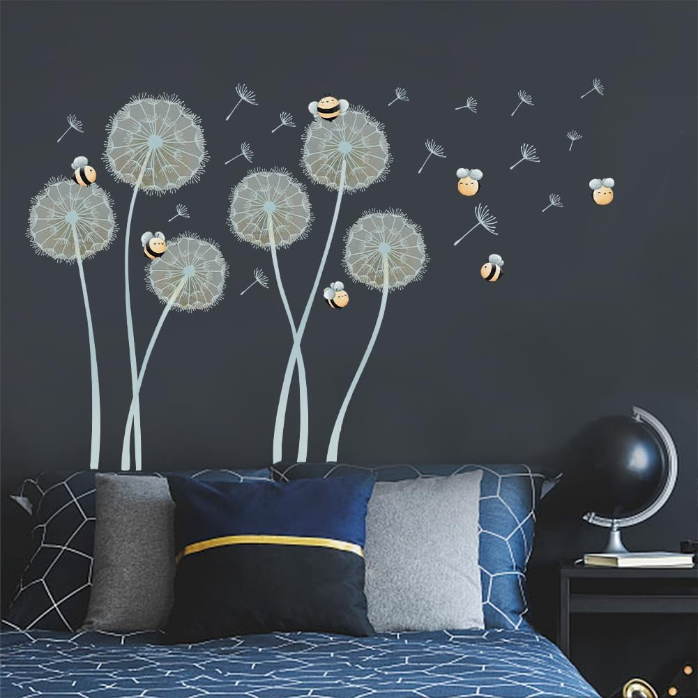 ORIGACH Dandelion Bee Wall Decal Set, Watercolor Floral Vinyl Wall Art for Nursery and Bedroom (Multicolor, 35 in x 30 in) fhicz