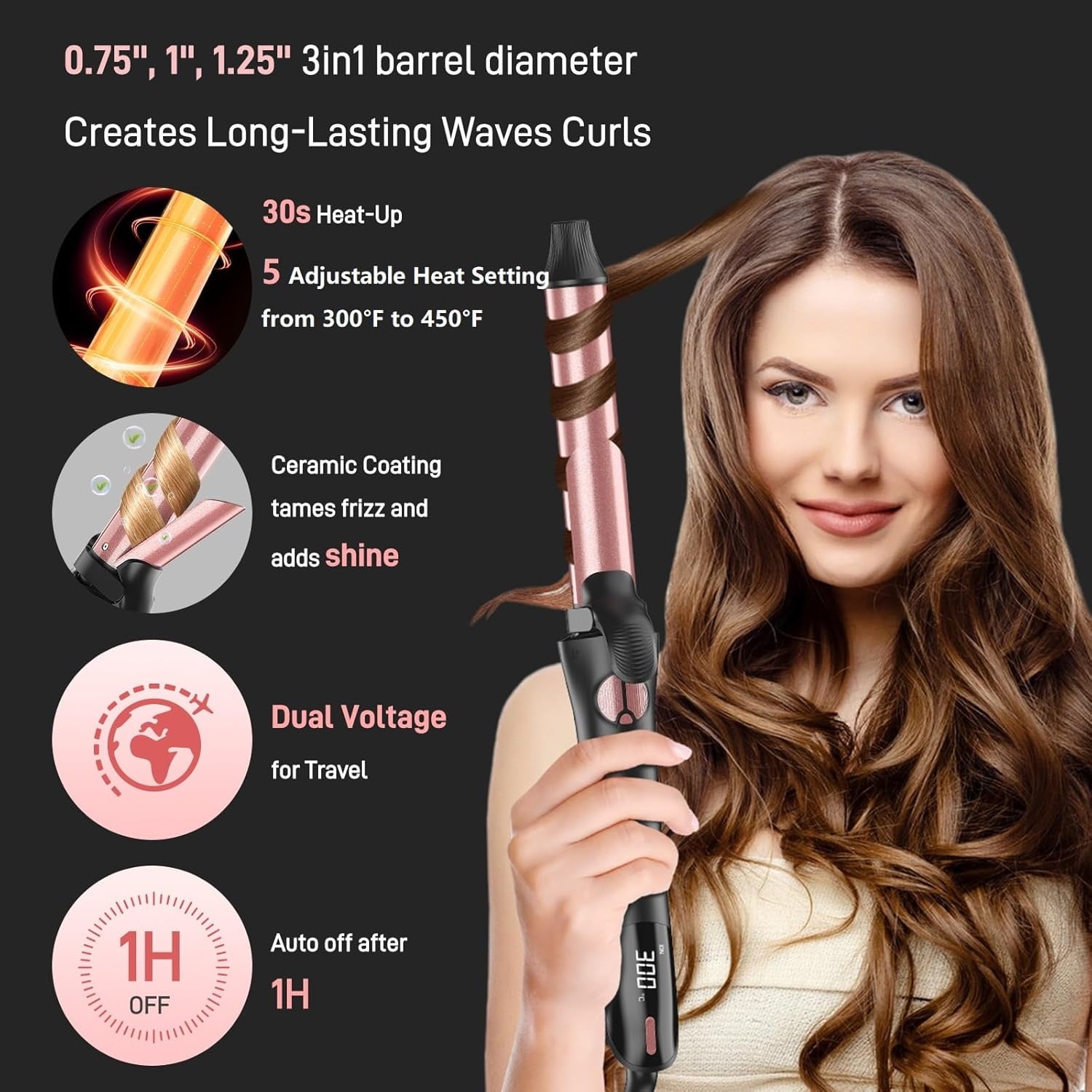 Professional 3-in-1 Automatic Rotating Curling Iron Set with Interchangeable Ceramic Barrels (Black, 0.75 in, 1 in, 1.25 in) du7s8