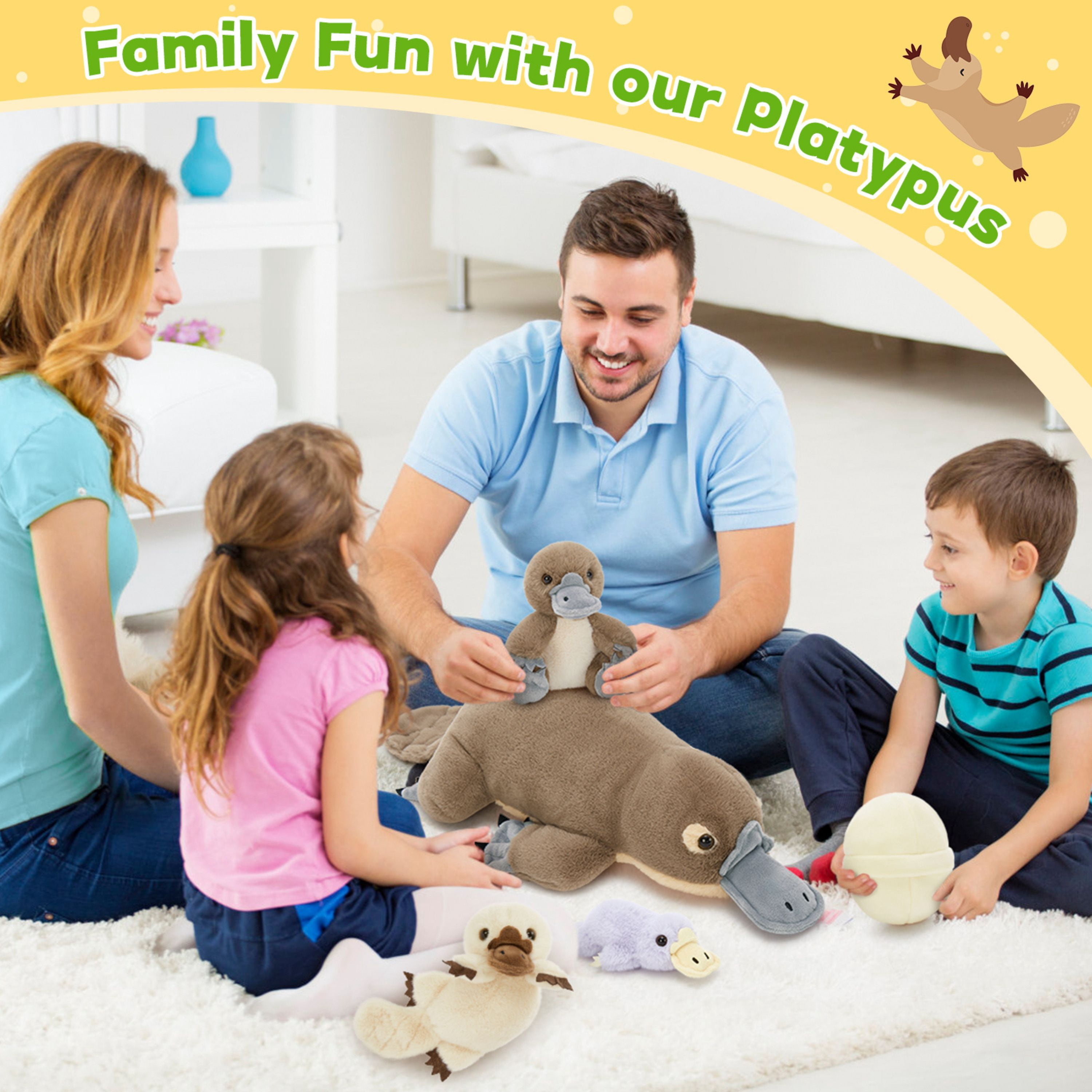 Muiteiur Giant Platypus Stuffed Animal Interactive Plush Toy Set with 3 Babies and 2 Eggshells (Grey, 21.7 in) smqme