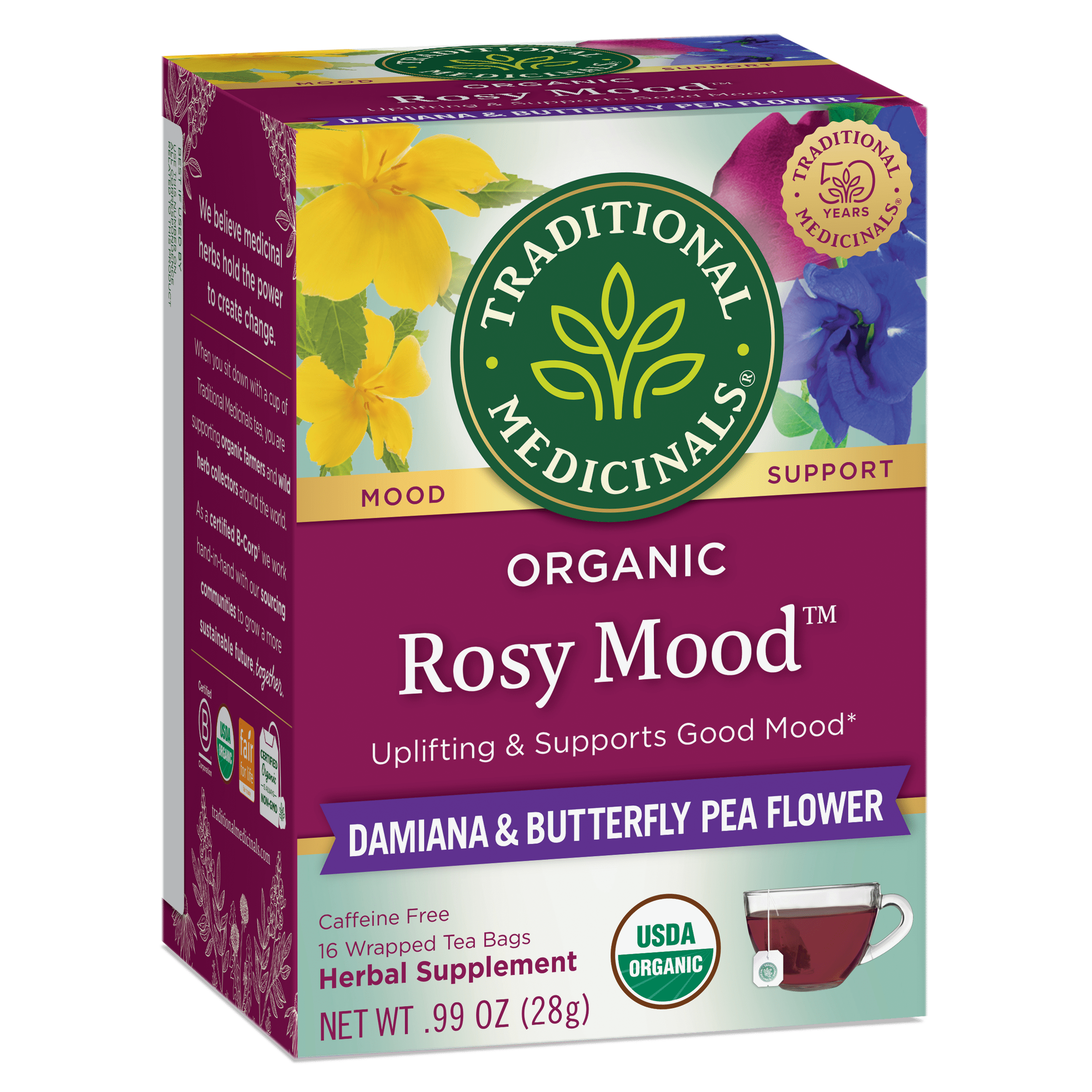 Traditional Medicinals Organic Rosy Mood Herbal Tea, Caffeine-Free Wellness Blend (16 Count) t8u00