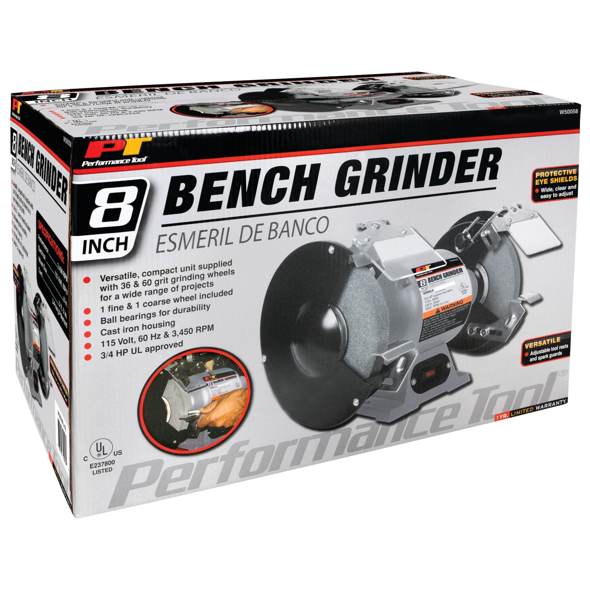 Performance Tool 8-Inch Bench Grinder with 3/4 HP Motor (Grey, 8 in) vdq4o