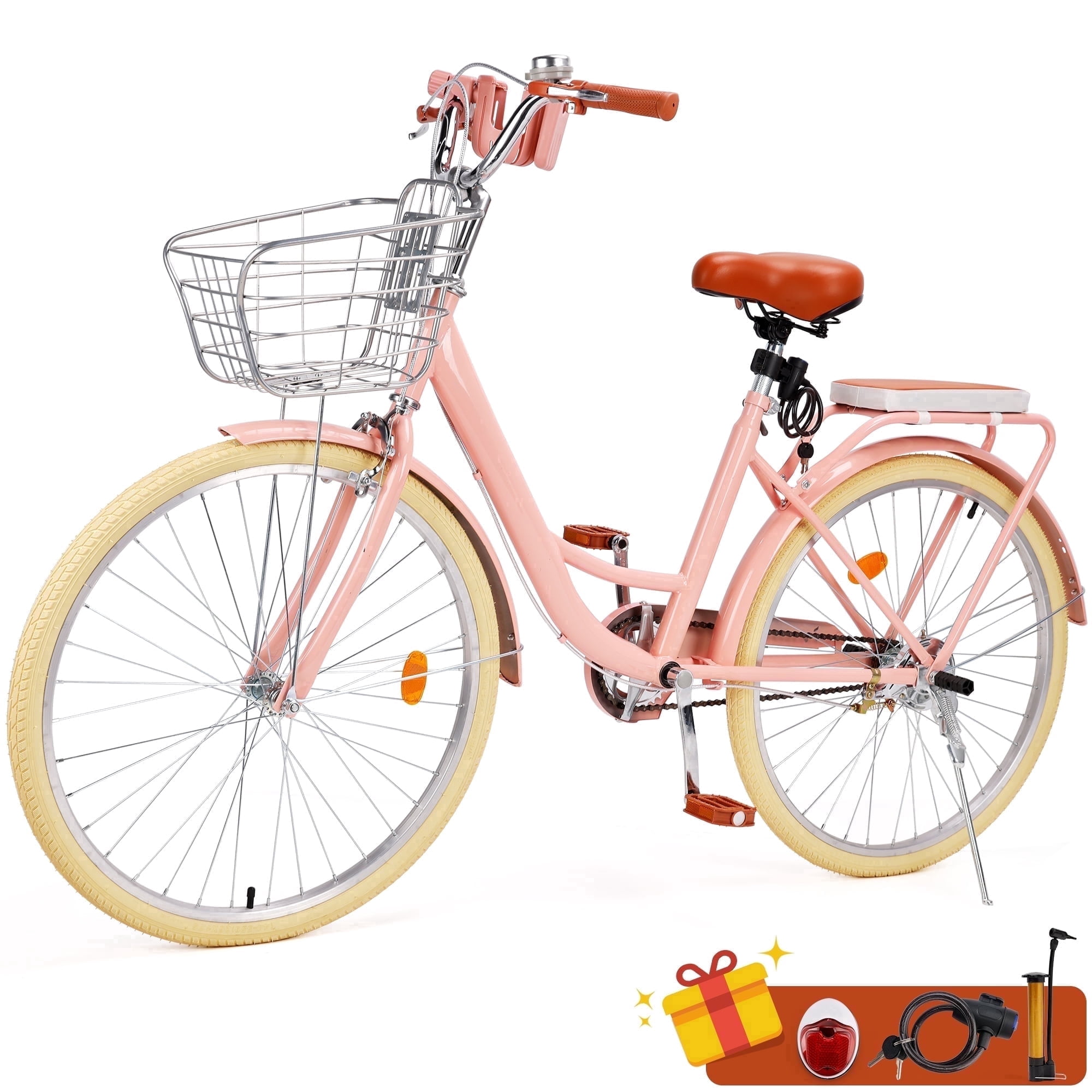 Bruce & Shark 26 inch Commuter Bicycle, City Cruiser Bike with Rear Rack and Basket (Pink) y9894