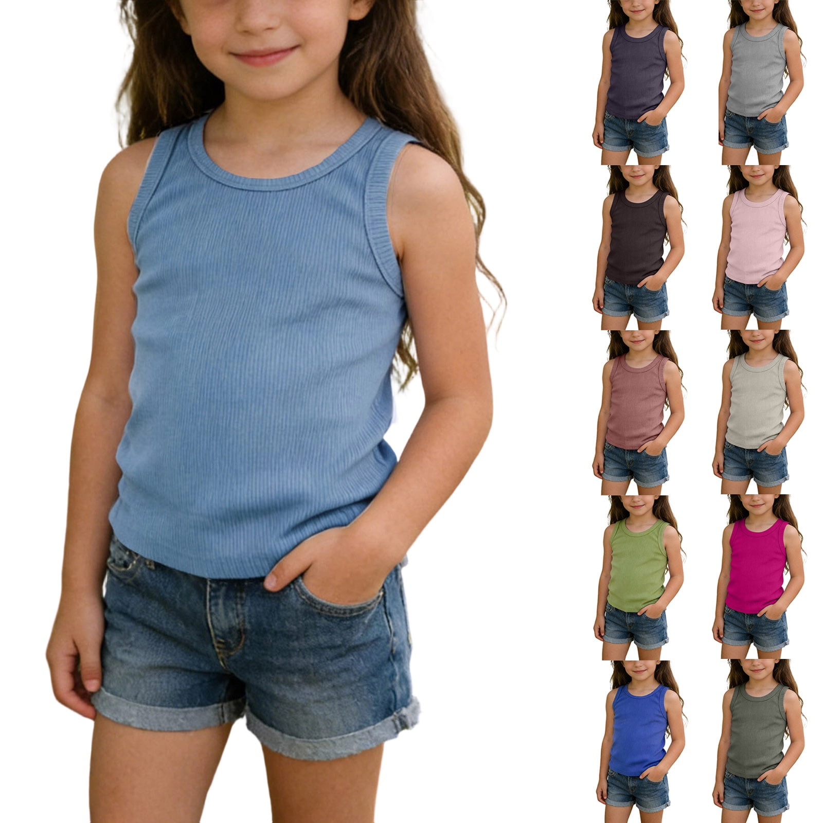 FAIWAD Girls Ribbed Knit Tank Top Sleeveless Summer Workout Shirt (Blue, Small) kdiin