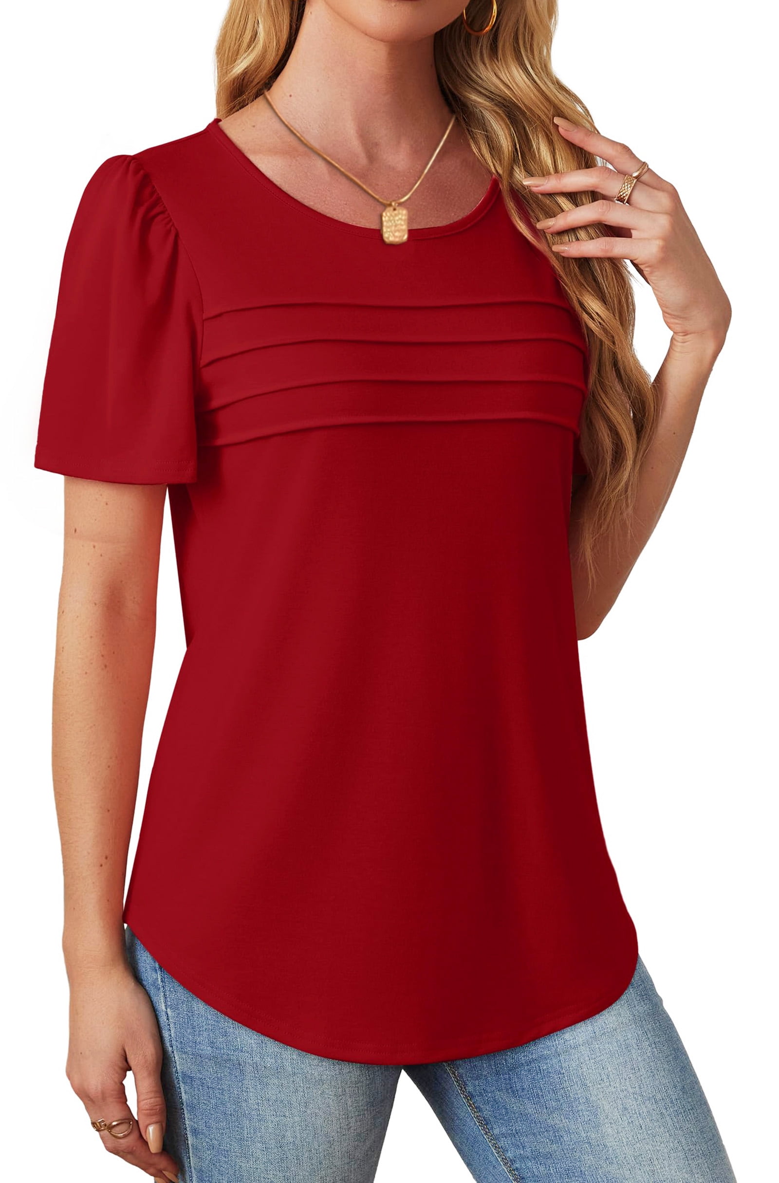 Fantaslook Women's Dressy Casual Tunic Top Short Sleeve Pleated Crew Neck Shirt (Red, L) dv9ty