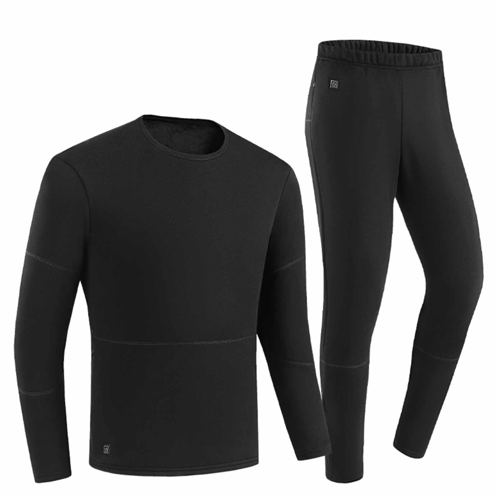 Maqroz Mens Heated Thermal Underwear Set (Black, Large) Long Sleeve Crewneck Top and Leggings Base Layer 8cw52