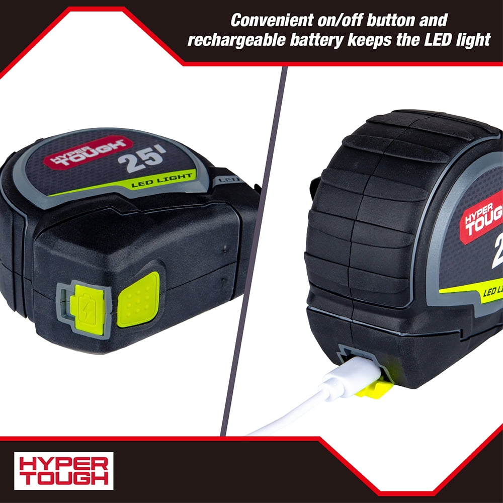 Hyper Tough LED Tape Measure with High-Visibility Blade (Grey, 25 ft) 2t2lw