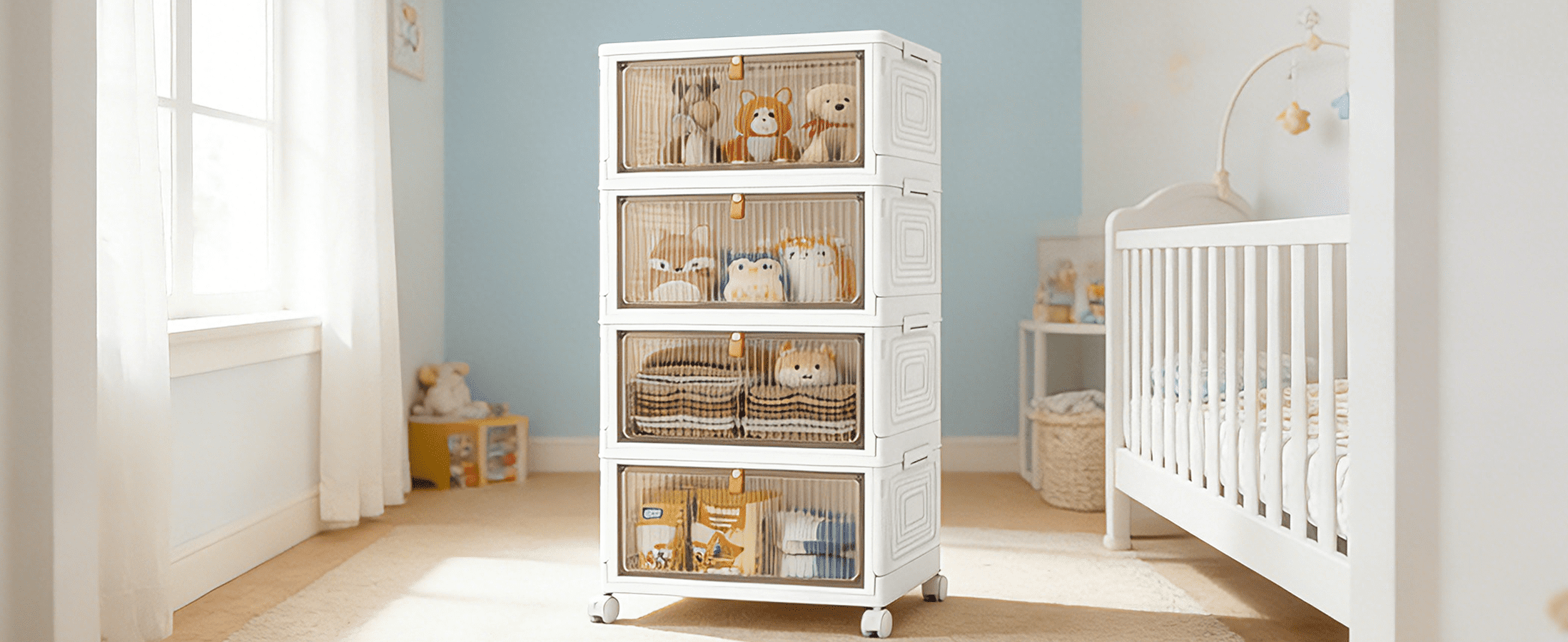 OKENTEN 4-Tier Rolling Storage Bins with Lid, Stackable Folding Organizer for Home and Office (White, 15.35 in x 11 in x 32.87 in) zvqx7