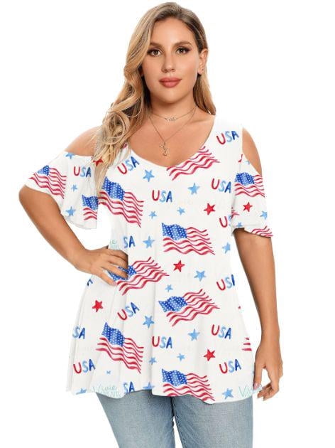DEXIO Women Plus Size American Flag V-Neck T-Shirt Patriotic Cold Shoulder Graphic Top (White, 2X) j0x5i