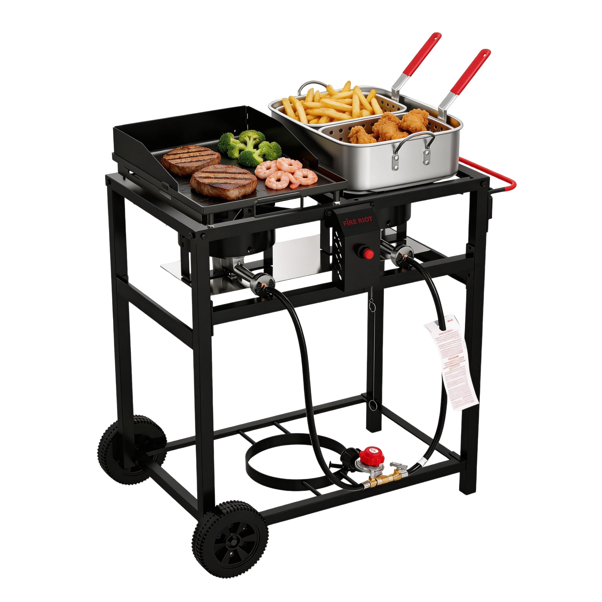 Fire Riot 2-in-1 Outdoor Propane Deep Fryer and Griddle Combo, Double Burner Gas Cooking Station with Wheels (Black) zws0t