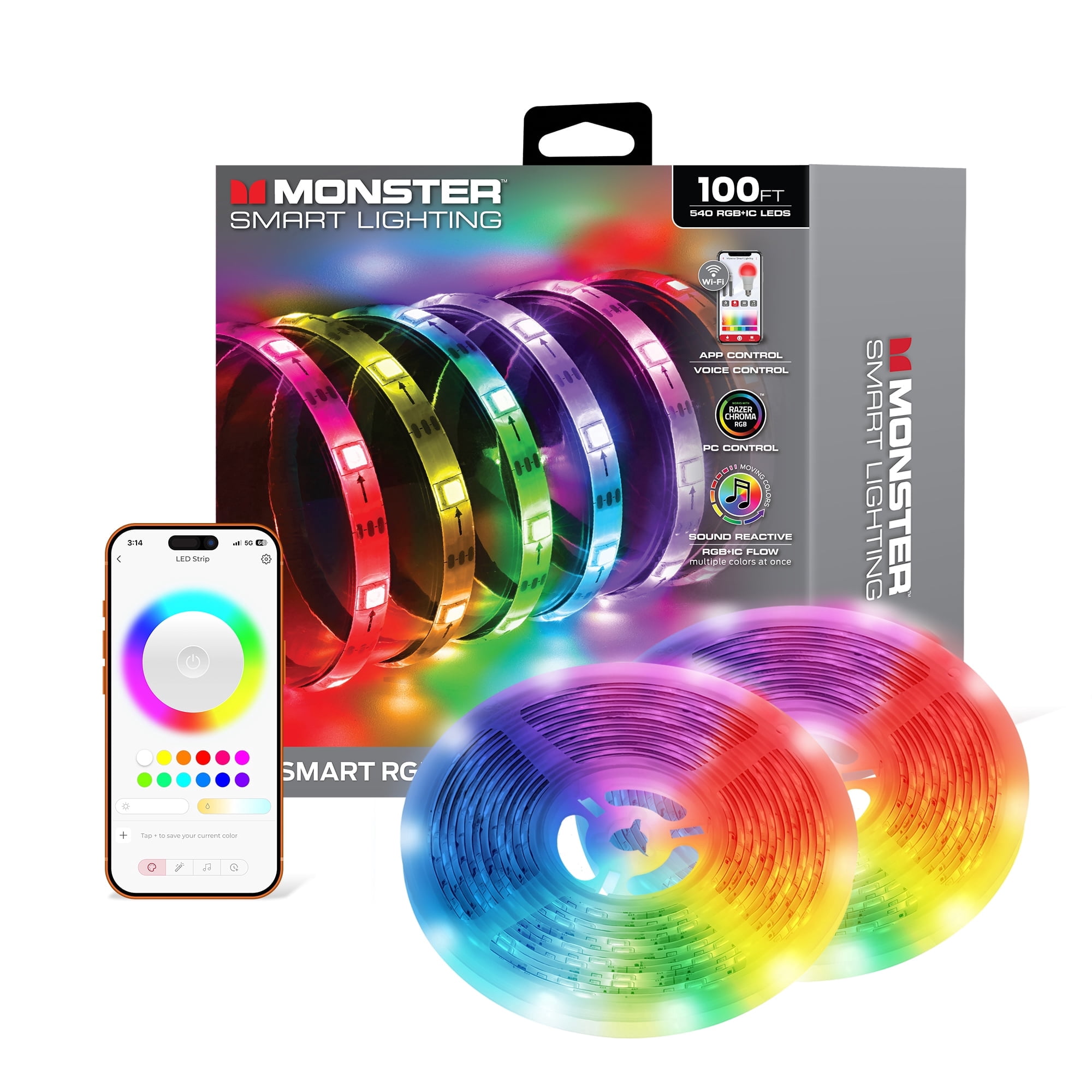 Monster Smart LED Light Strip, Multi-Color Flow, Sound Reactive, Razer Chroma Compatible (100 ft) bfry7
