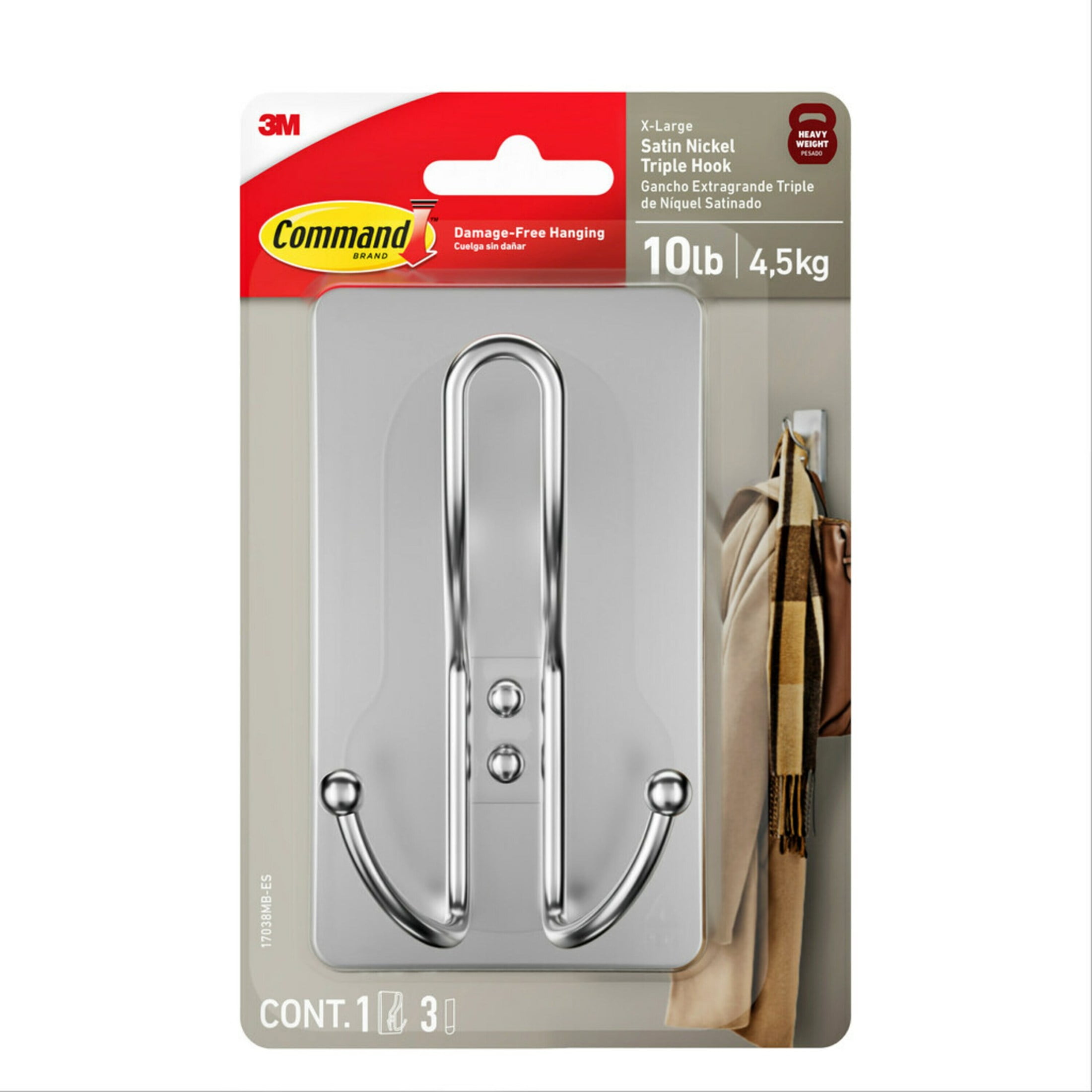 Command X-Large Triple Wall Hook, Damage-Free Adhesive Hanging Organizer (Satin Nickel, 1 Hook, 3 Strips) ong27