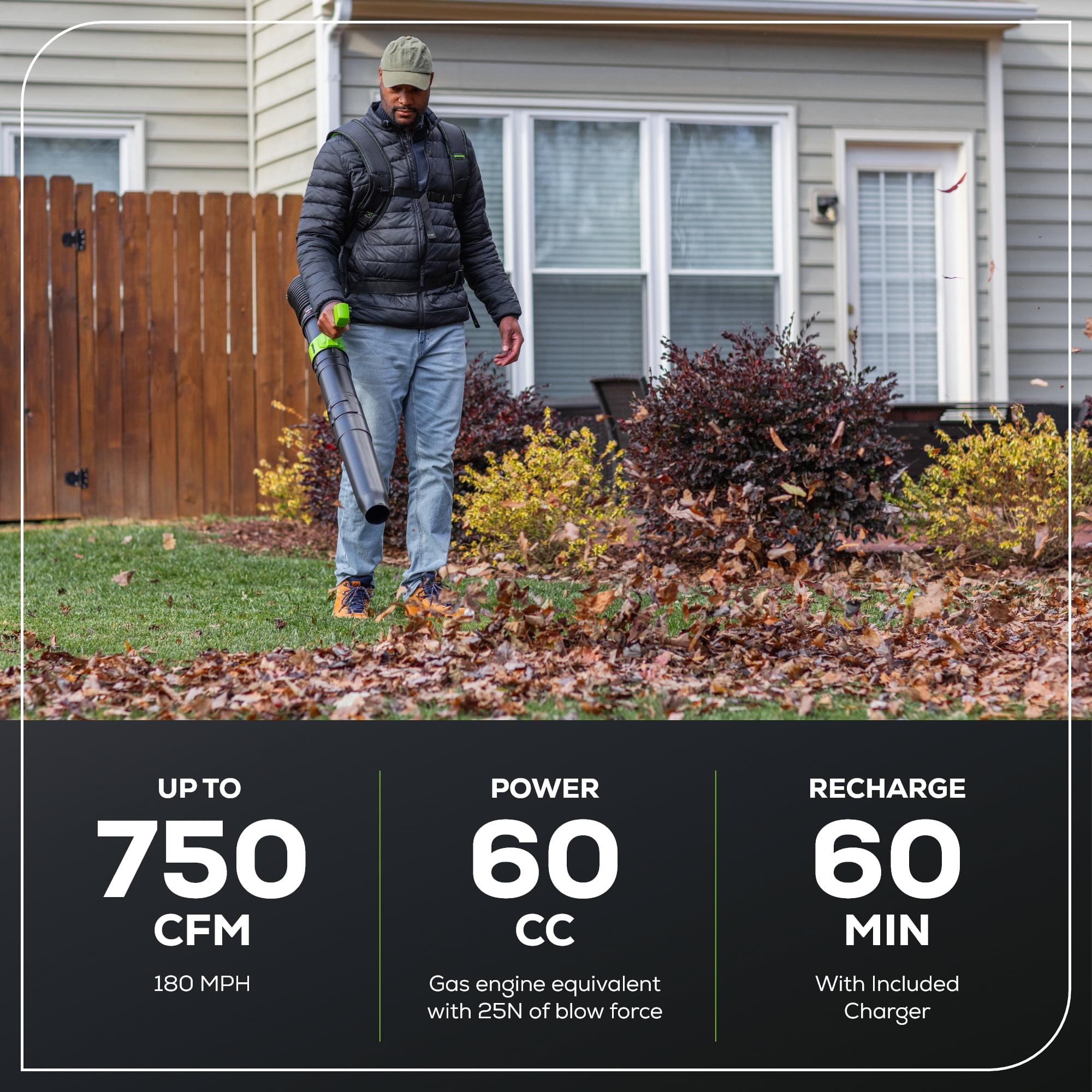 Greenworks 80V 750 CFM Cordless Backpack Leaf Blower with 4.0Ah Battery and Rapid Charger ya32f