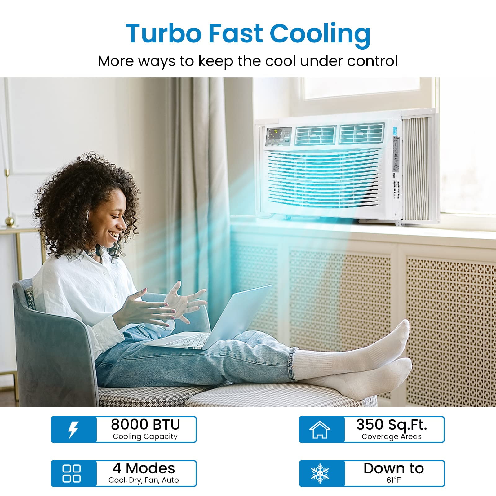 Meiyiu 8,000 BTU Smart Window Air Conditioner, WiFi Enabled Cooling for Rooms up to 350 Sq. Ft. (White, 18.58 in x 15.59 in x 13.31 in) qh2ky