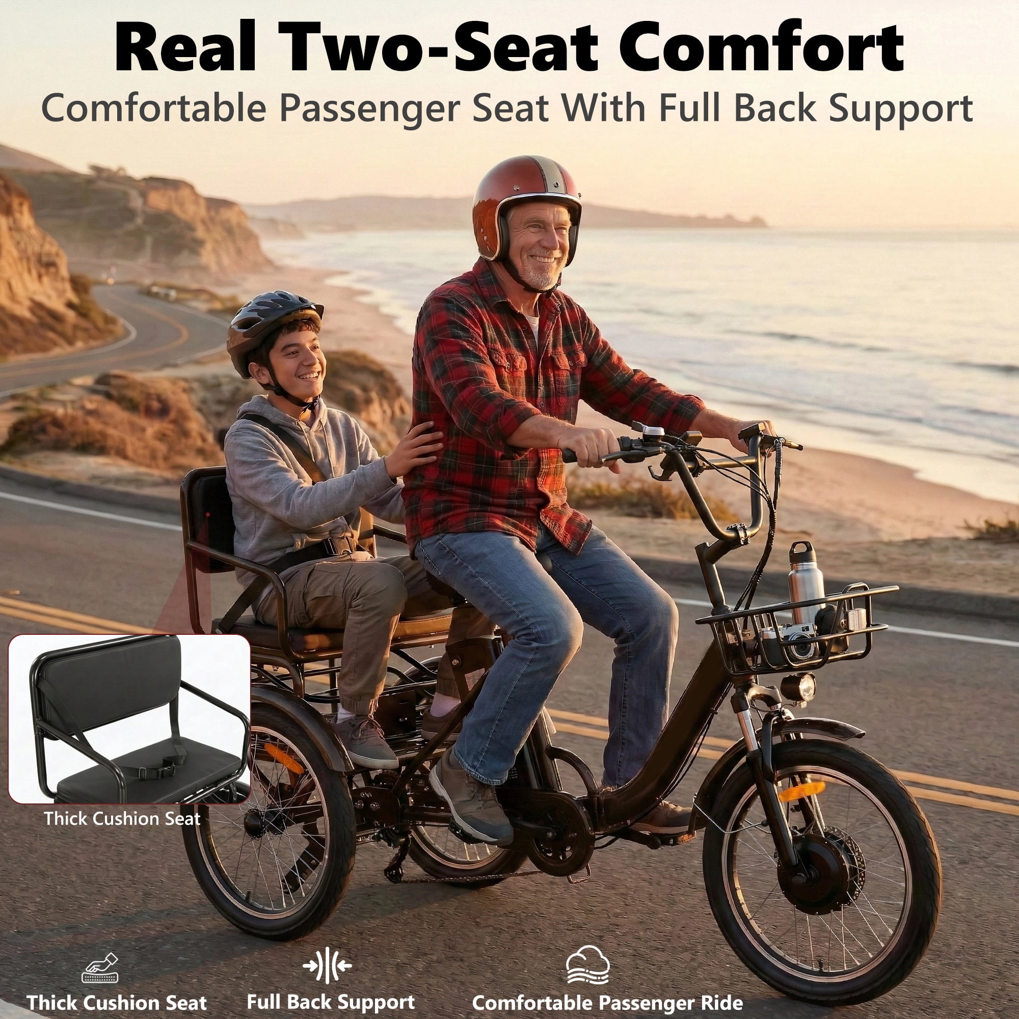 EASINGO 2-Seater Electric Tricycle for Adults, Folding 3-Wheel E-Trike with Storage Basket, 48V Lithium Battery (Black) vzk6x