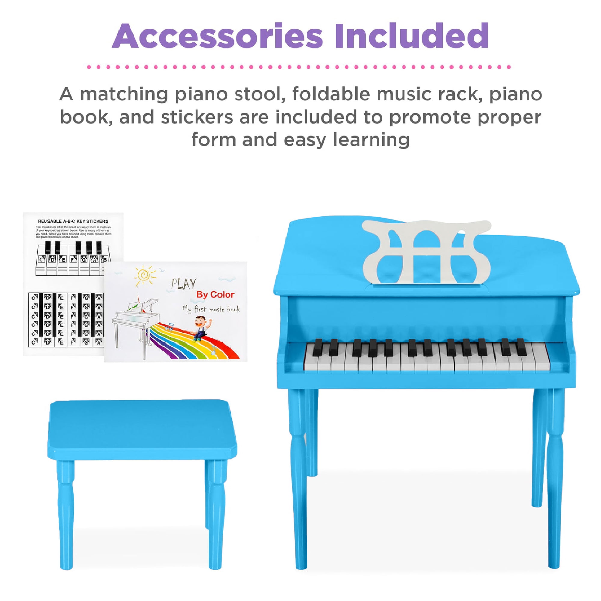 Best Choice Products Kids Classic 30-Key Mini Grand Piano with Bench and Music Accessories (Light Blue, 19.75 in x 19.75 in x 19.5 in) 12etf