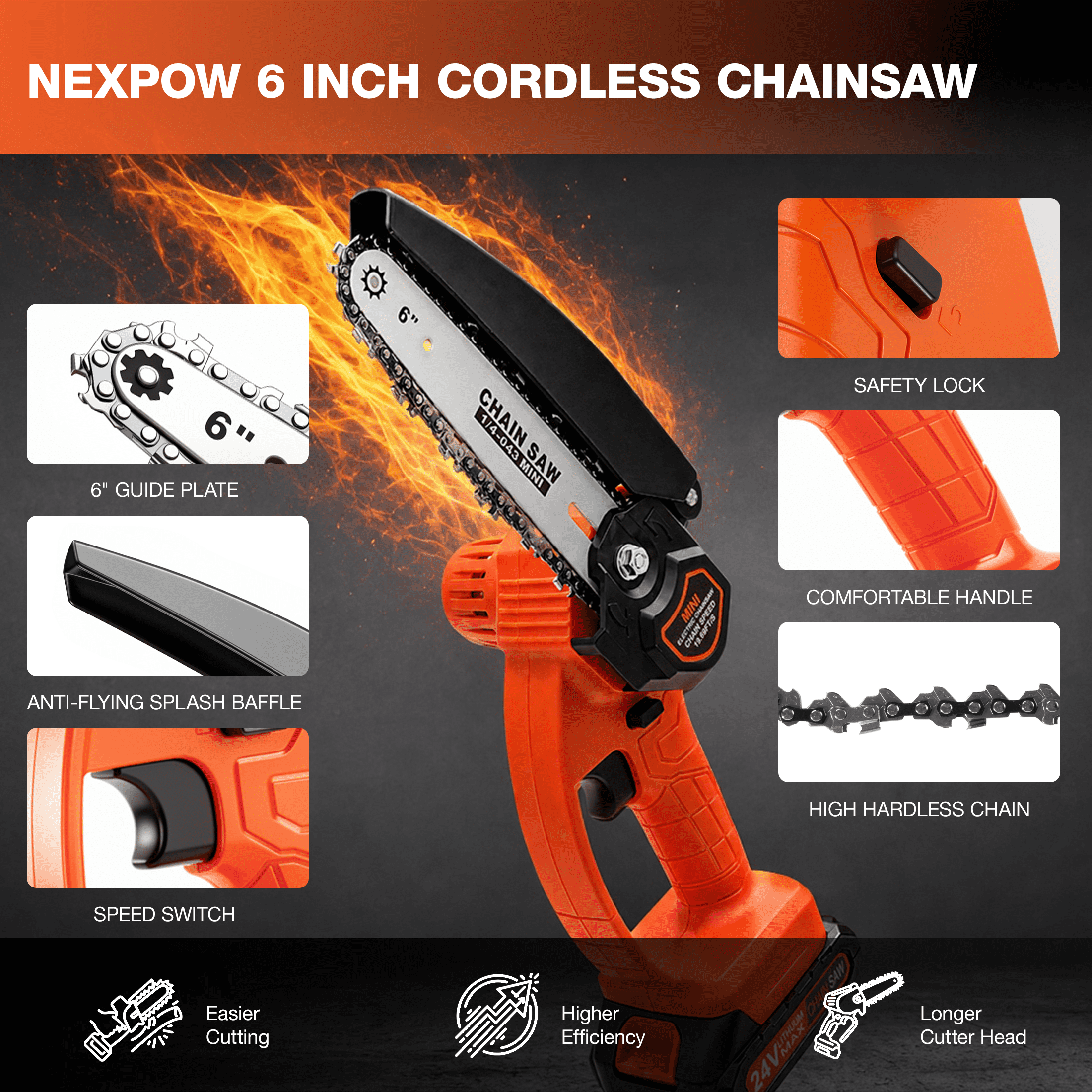 Nexpow 6 in Cordless Mini Chainsaw, Electric Handheld Wood Cutter with 2 Batteries and 2 Chains (Orange, 6 in) 5t4sq