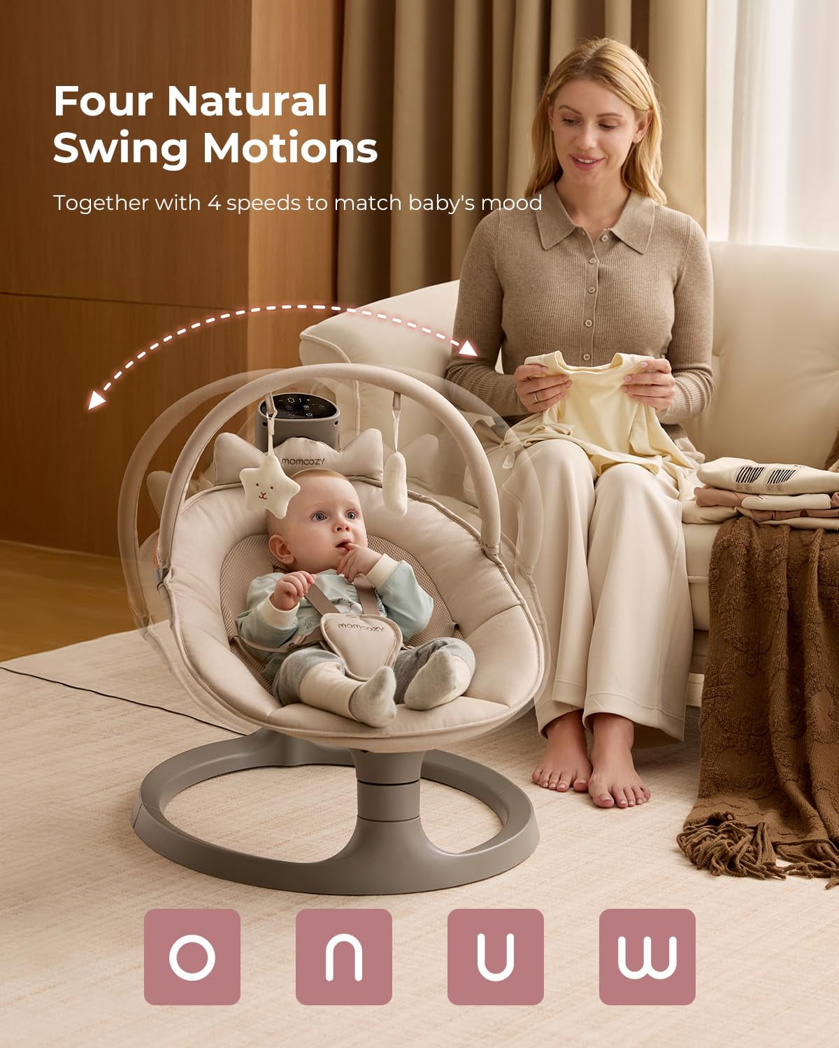 Momcozy 2-in-1 Electric Baby Swing and Toddler Seat, Dual-Arm Support System (Beige, 66 lb) pqi6o
