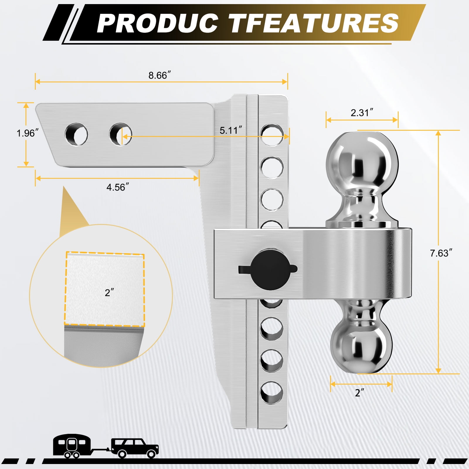 Crtynell Adjustable Trailer Hitch (2 in Receiver, 8 in Drop/Rise, 12,500 lb Capacity, Aluminum, Includes 3 Tow Balls and Locks) oy3mx