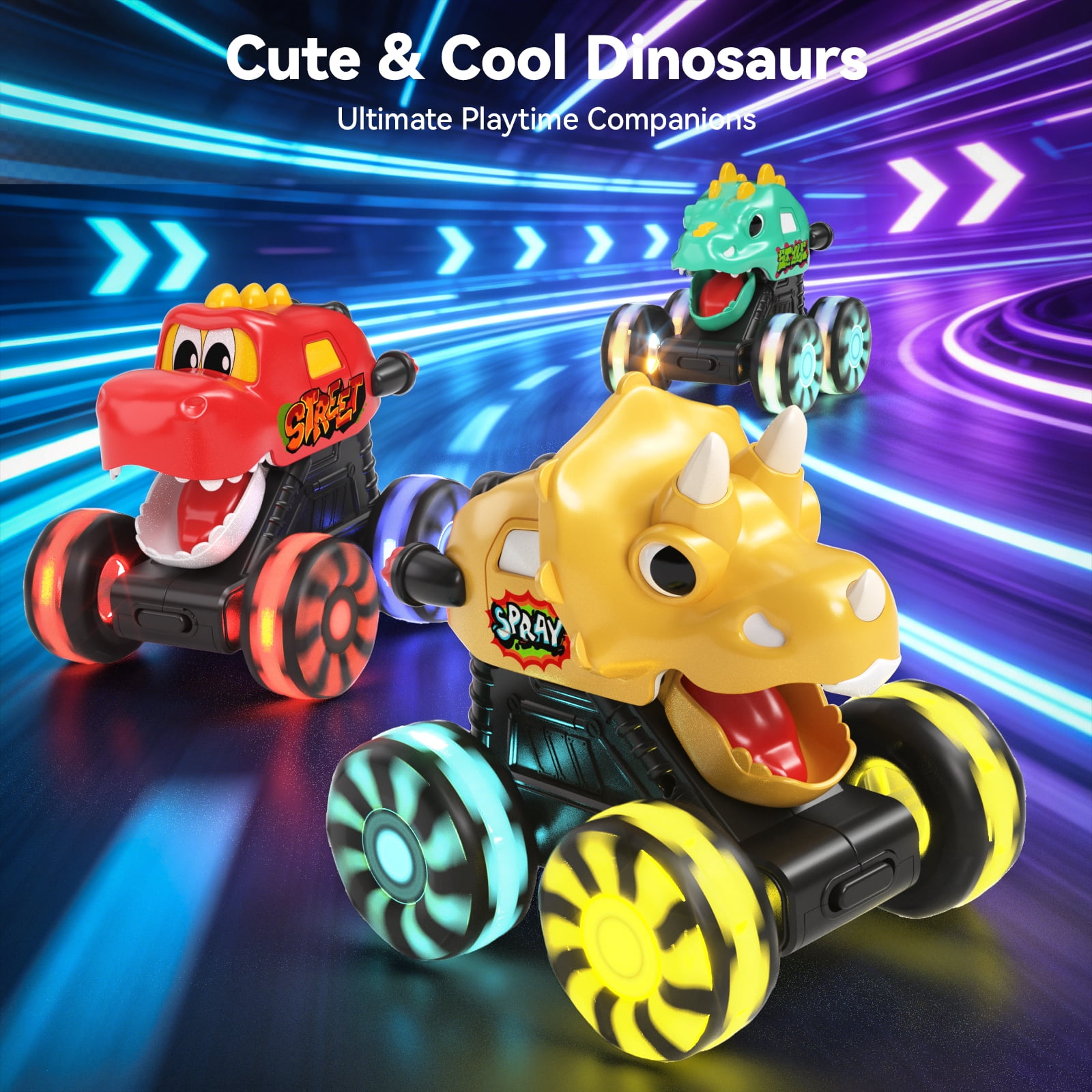 Dimoarch Dinosaur Press & Go Truck Set with LED Wheels (3 Pack) 5yni2
