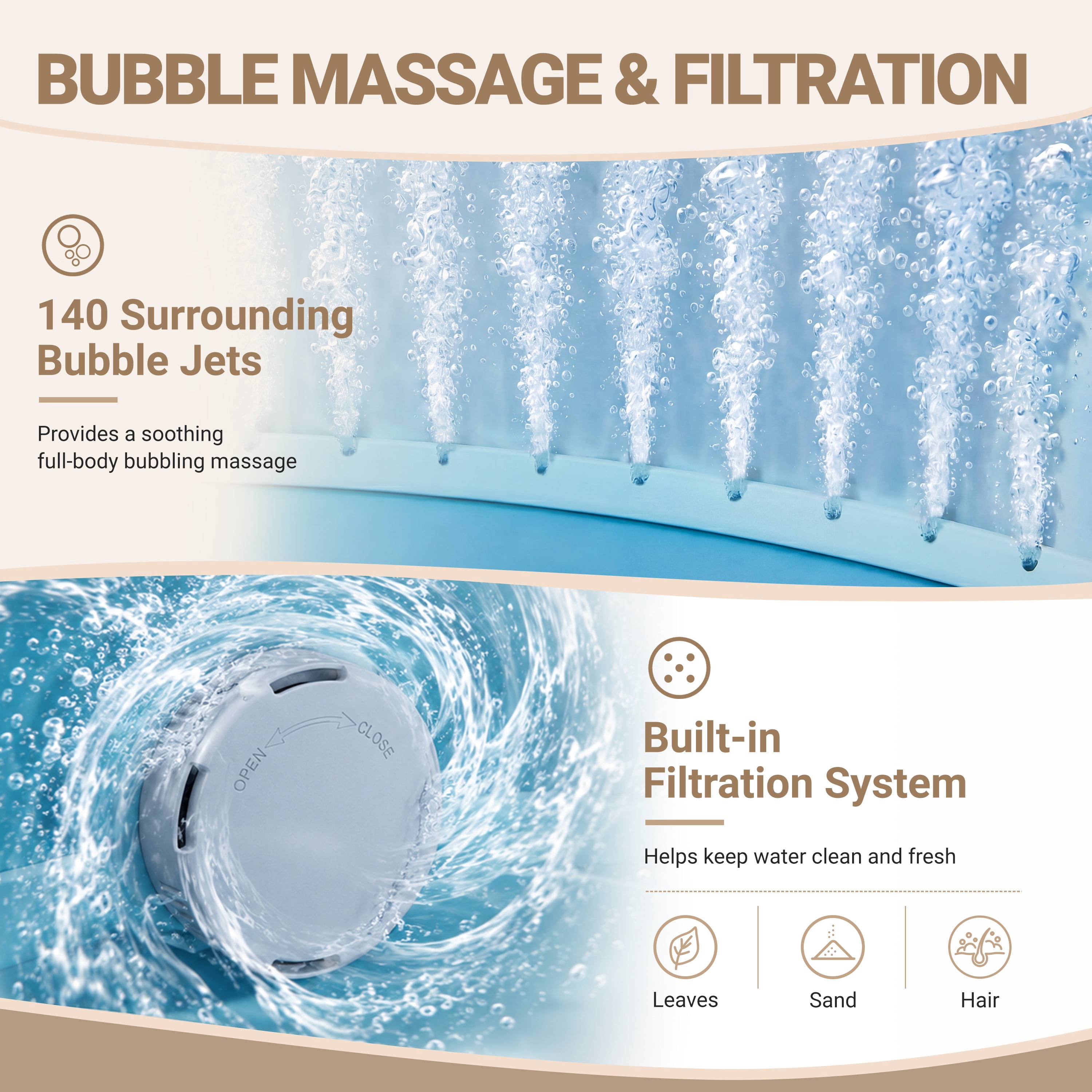 Segmart Inflatable Hot Tub, 8-Person Portable Outdoor Spa with 140 Bubble Jets and Heating System (Brown, 80 in) 9347c