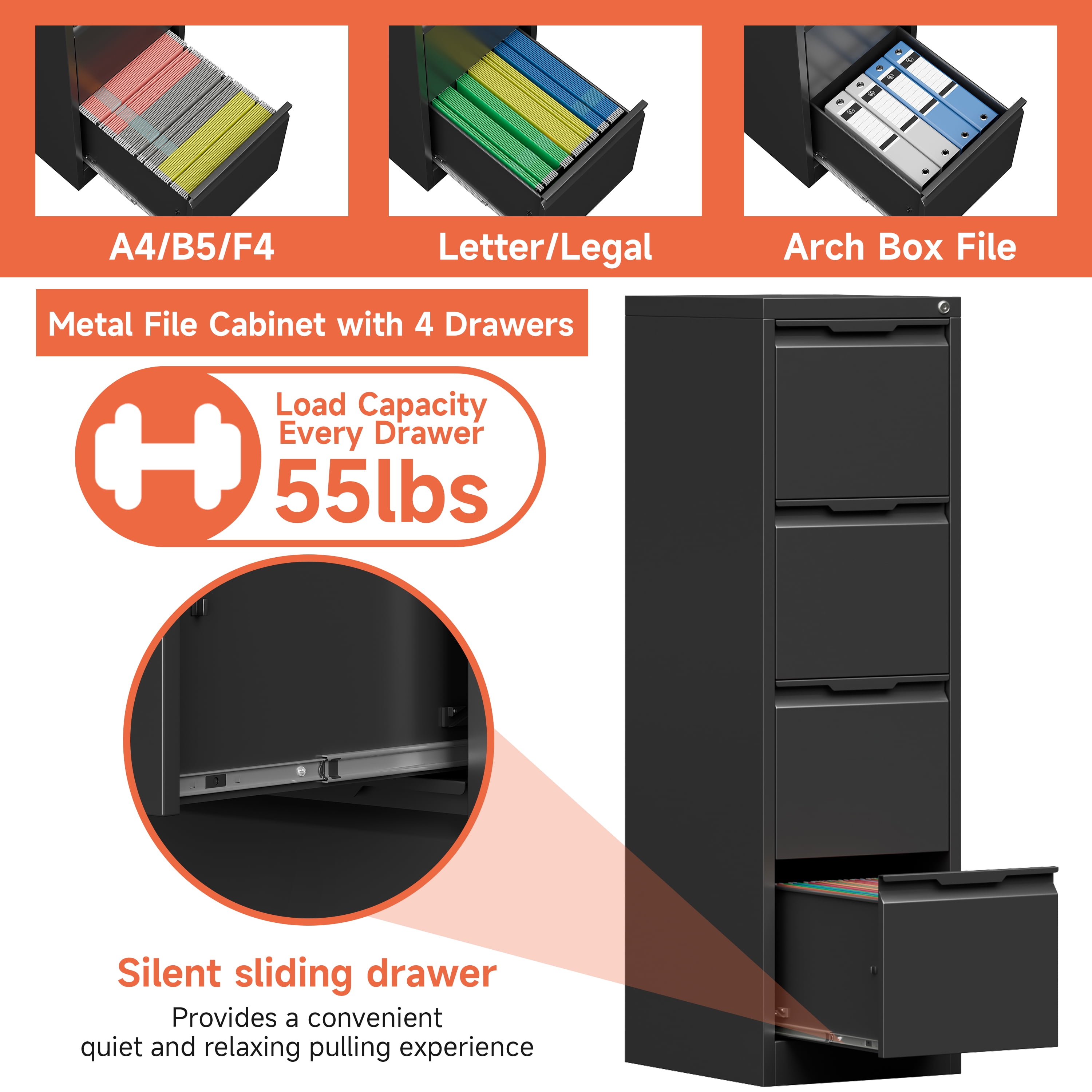 Kooyon 4 Drawer Metal File Cabinet with Lock, Heavy-Duty Home Office Filing Storage (Black, 17.8 in Deep) tyn09