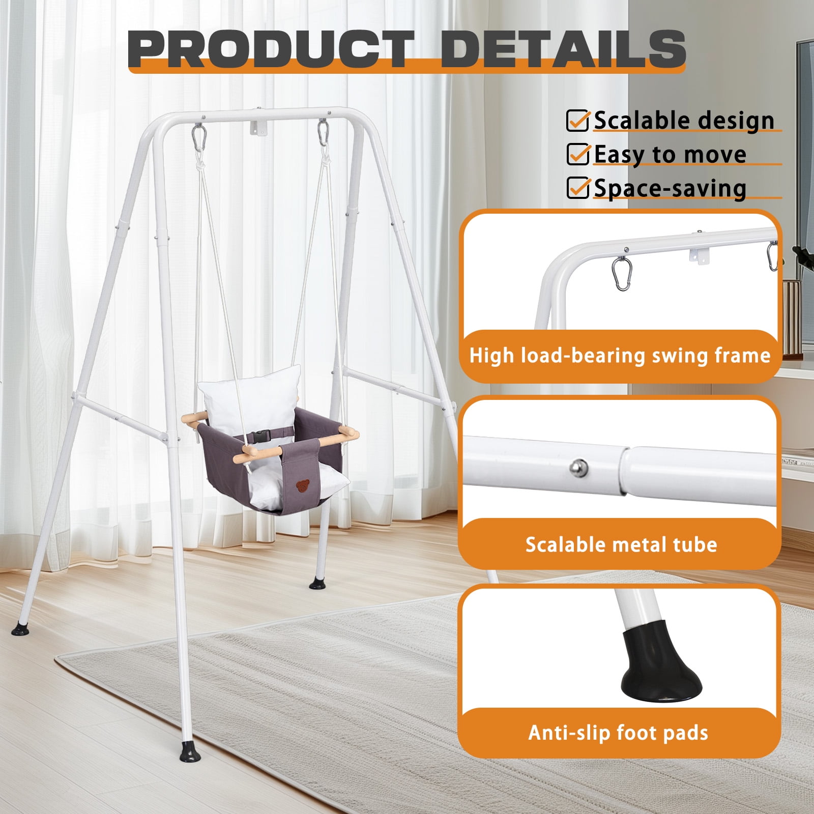 G TALECO GEAR Toddler Swing Set with Canvas Cushion Seat, Indoor and Outdoor Baby Playset (Gray, 1 Set) w4xor