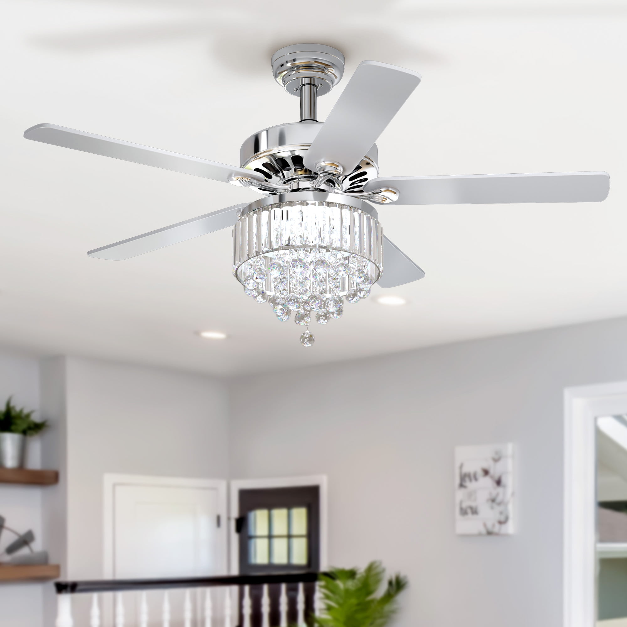 Dextrus 52 in Chandelier Ceiling Fan with Remote, Crystal Light Fixture, Silent Reversible Motor, Chrome (52 in) 6qwa1