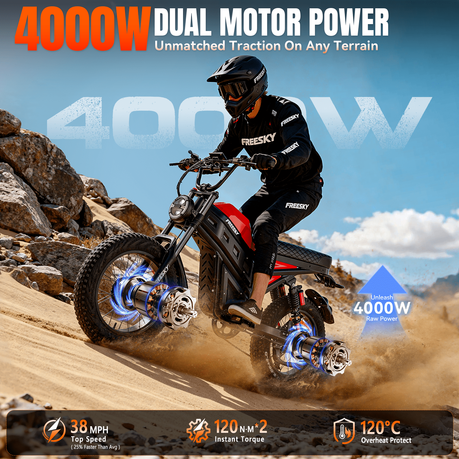 FREESKY Cheetah Dual Motor Electric Bike, 4000W AWD All-Terrain E-Bike with Full Suspension (Red, 20 in Fat Tires) 5wgs0