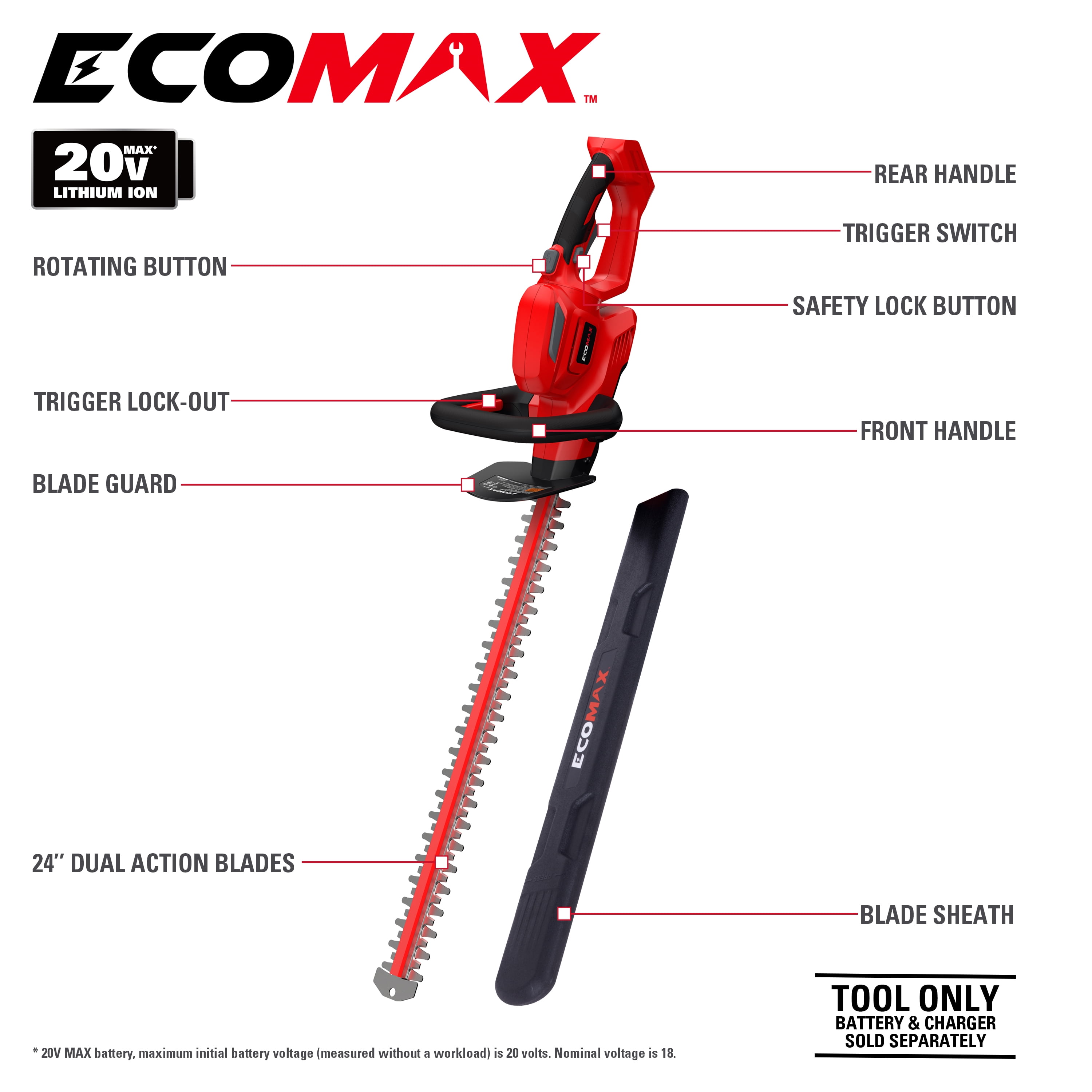 Ecomax 20V Cordless Yard Maintenance Combo Kit with Leaf Blower, String Trimmer, and 24 in Hedge Trimmer (Red, 2-Pack 2.0Ah Batteries) 6k1ei
