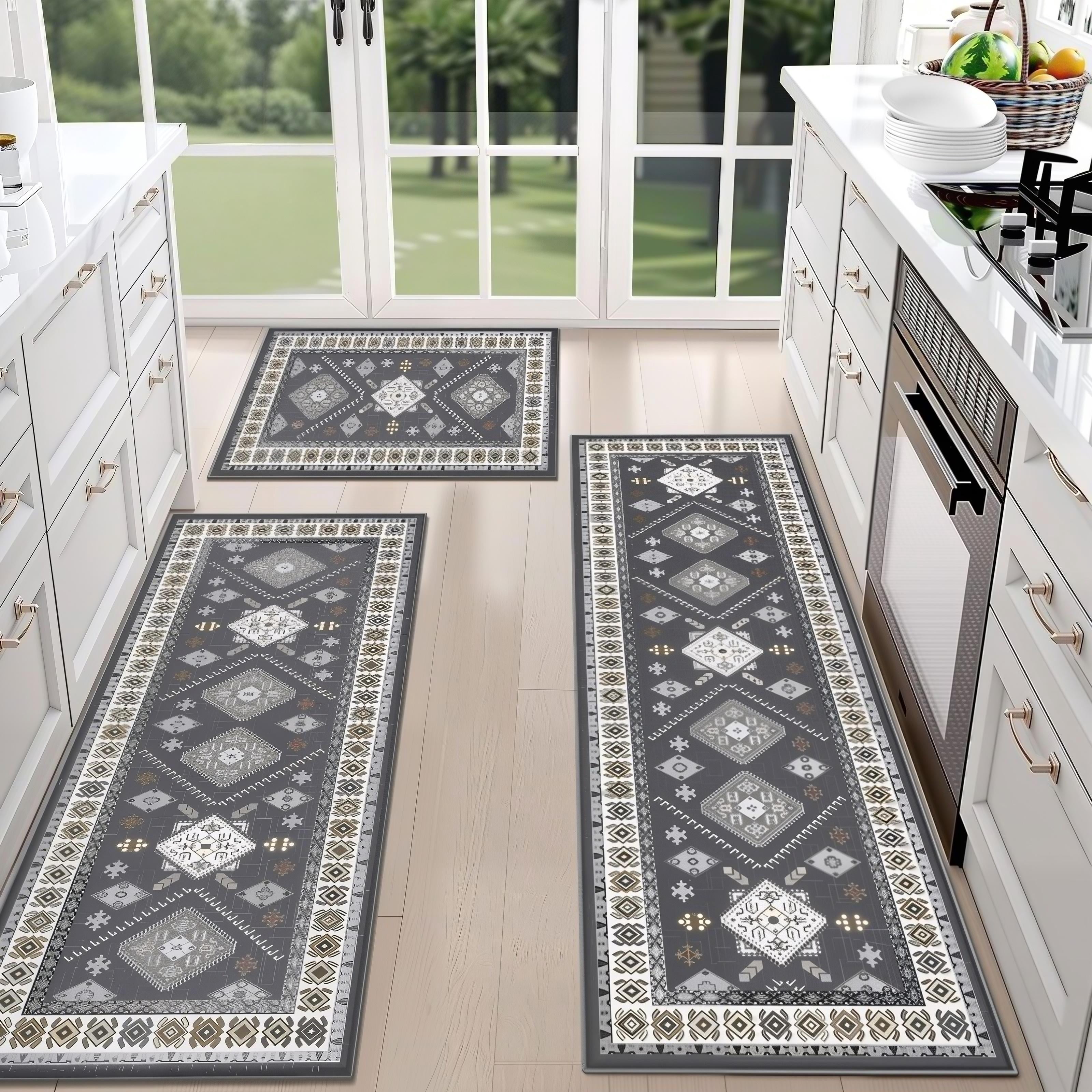 TECHVIDA 3-Piece Kitchen Rug Set, Non-Slip Machine Washable Farmhouse Floor Mats (Gray, 20 in x 32 in, 20 in x 47 in, 20 in x 59 in) 9y6vo