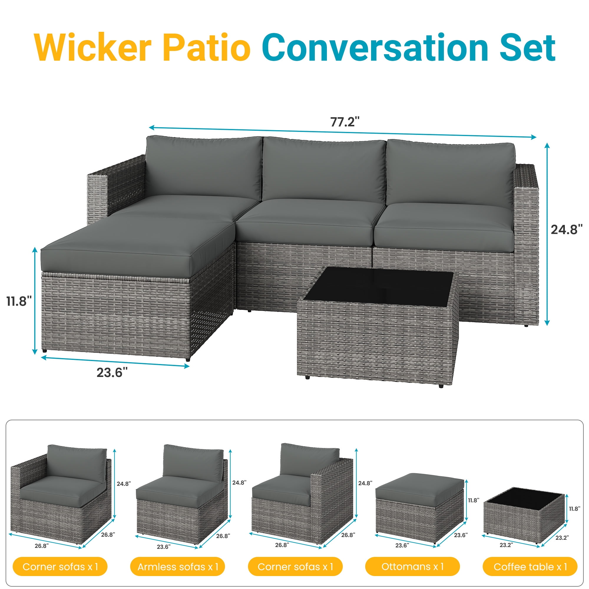 Cozy Home 5-Piece Patio Rattan Furniture Set, Outdoor Sectional Sofa with Ottoman and Coffee Table (Grey, 5-Piece Set) bnnyk