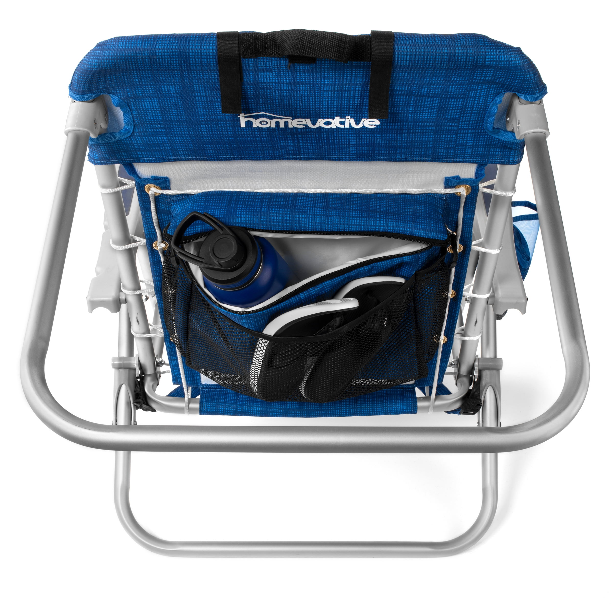 Homevative Cooler+ Folding Backpack Beach Chair, 5-Position Reclining Outdoor Seat with Storage (Blue) mds1g