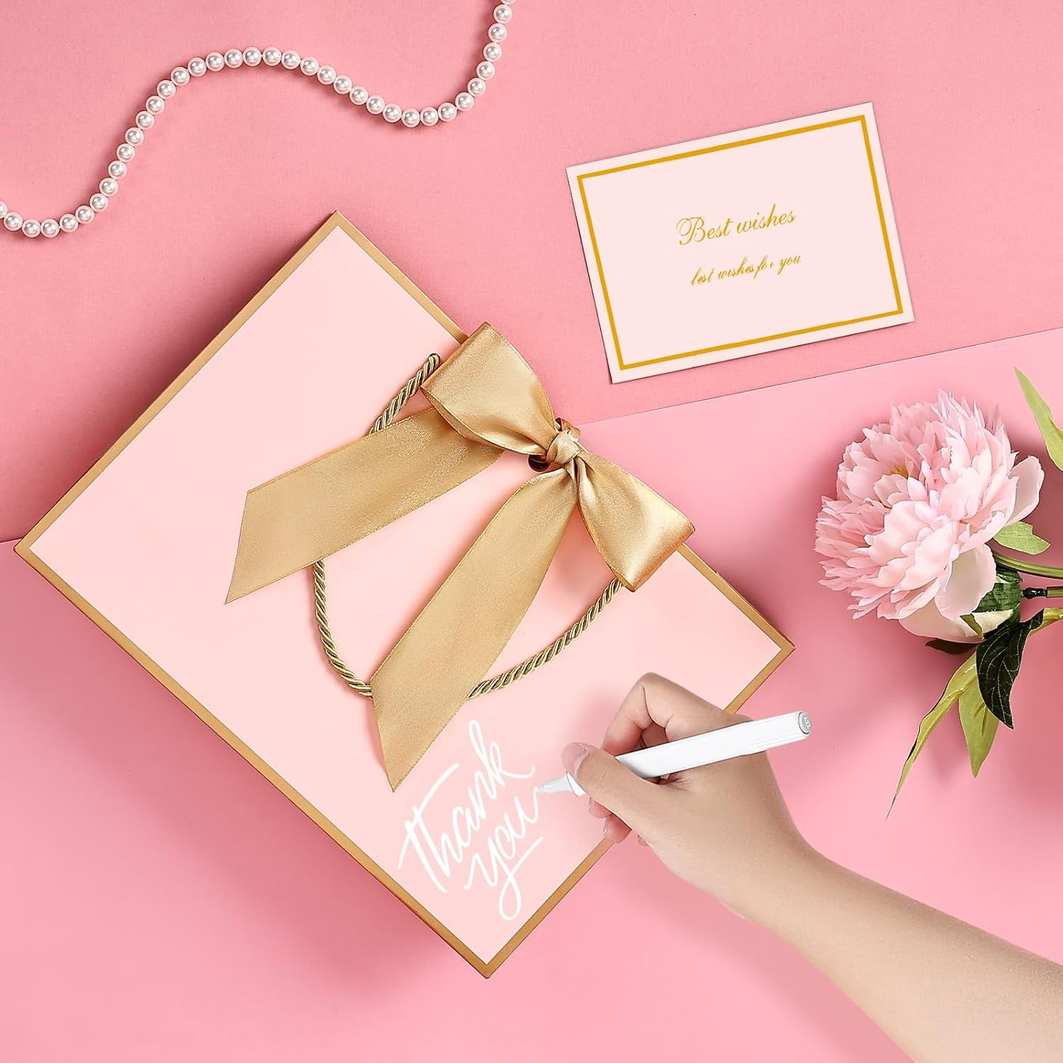 AUCLAY Large Gift Bags with Handles, Tissue Paper and Greeting Cards (Pink with Gold Trim, 3 Pack, 12.6 in) ylzpf