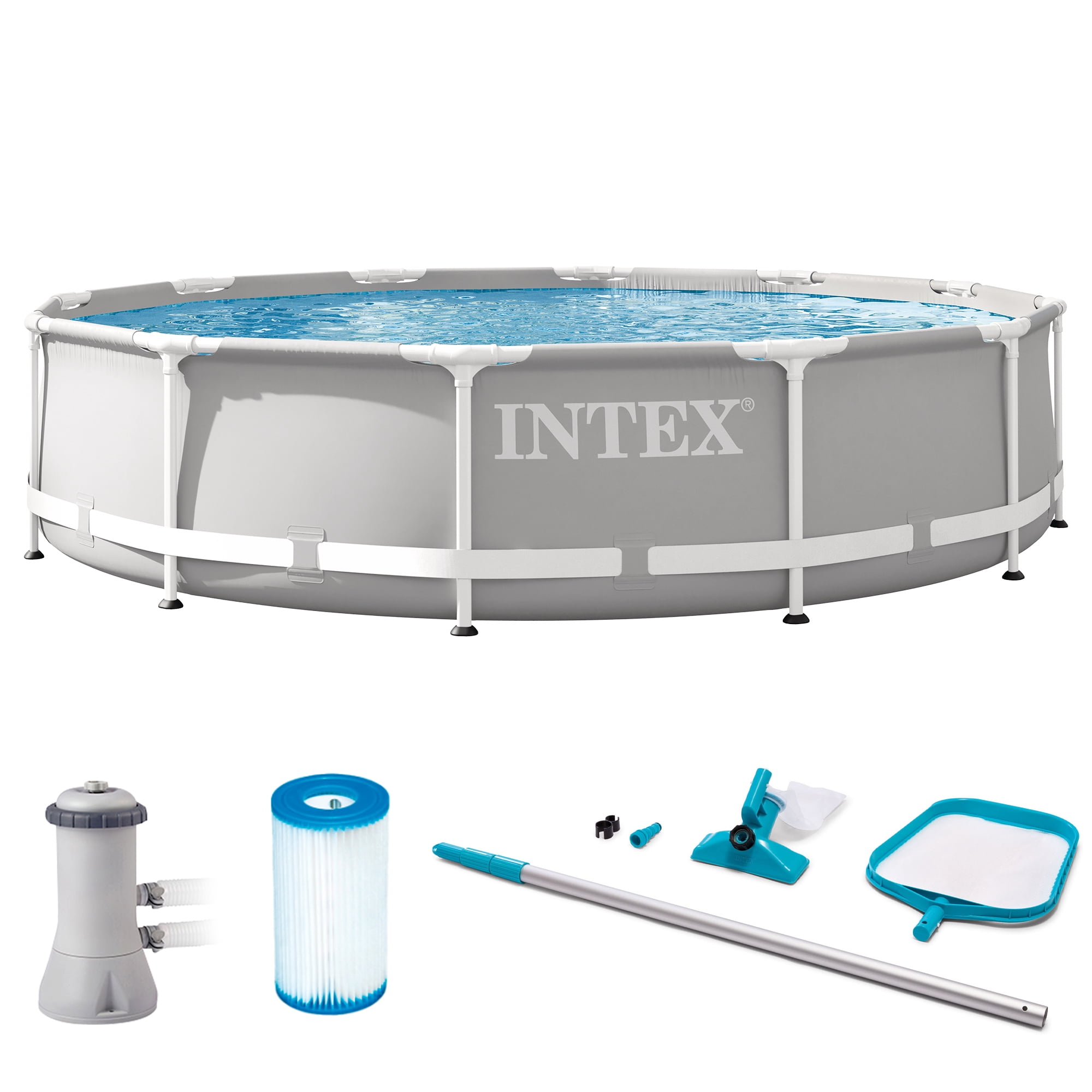 Intex 12ft x 30in Prism Frame Above Ground Swimming Pool and Maintenance Kit (Grey, 12 ft x 30 in) 8xdjc