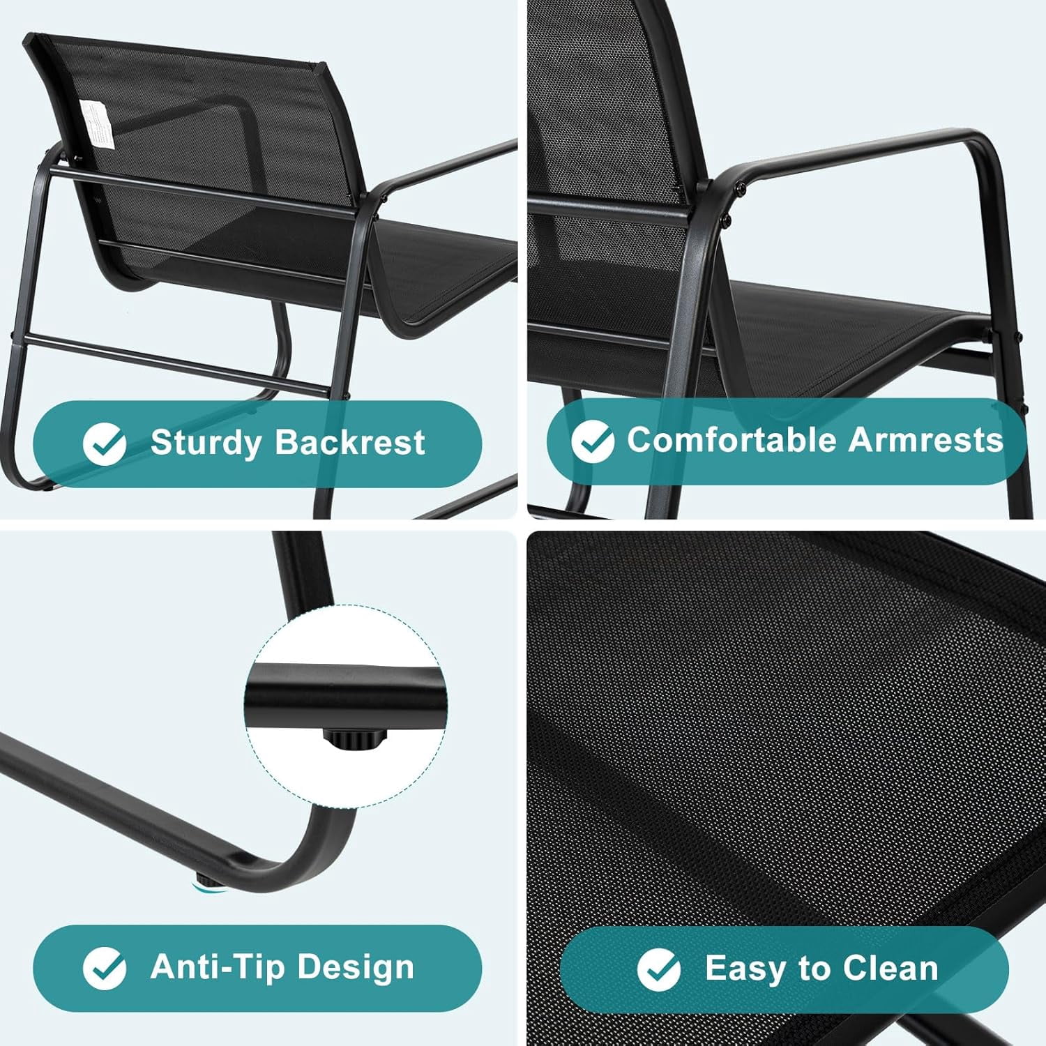 Betcozy 3-Piece Outdoor Bistro Set, Patio Conversation Furniture with Textilene Chairs and Tempered Glass Side Table (Black, 3-Piece Set) v61h2
