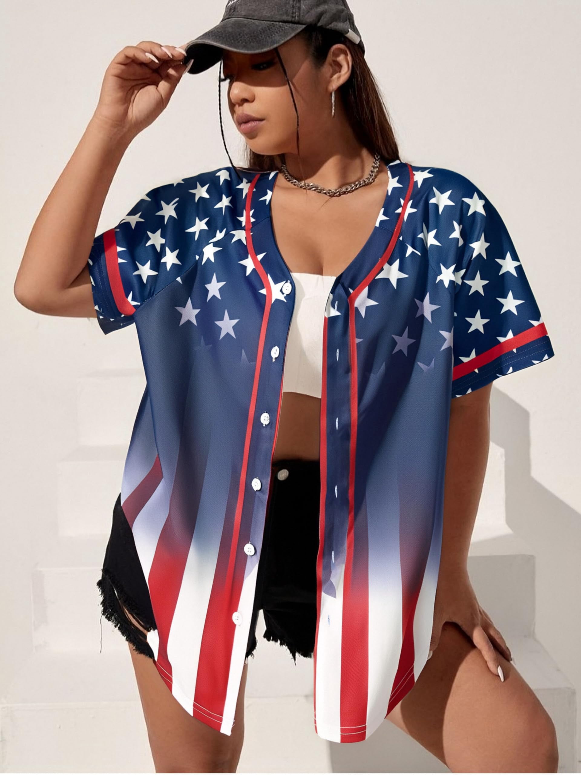 MOUSYA Womens American Flag Baseball Jersey Button Down Patriotic Shirt (Blue, L) r5swm