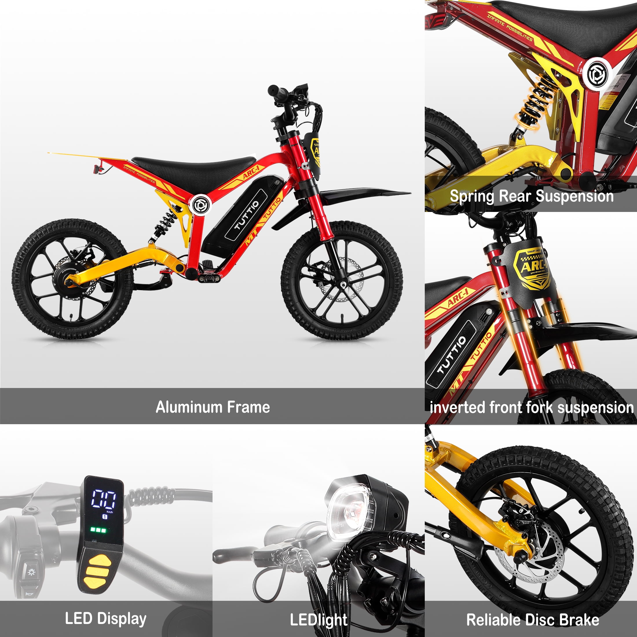 TUTTIO ARC-1 Electric Dirt Bike, 750W Motor Off-Road Motorcycle with 5-Speed Modes (Silver, 16 in Tires) tiv9n