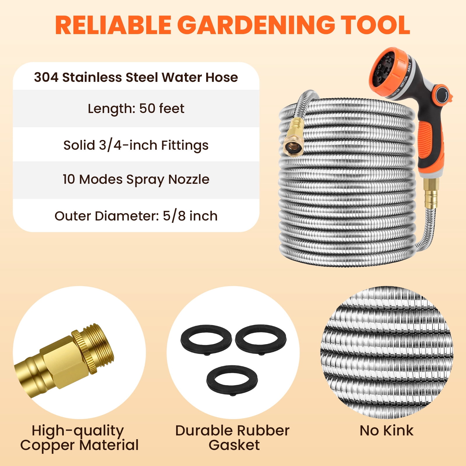 KOYMISKU Stainless Steel Garden Hose with 10-Mode Nozzle Sprayer (Silver, 50 ft) w3kcj