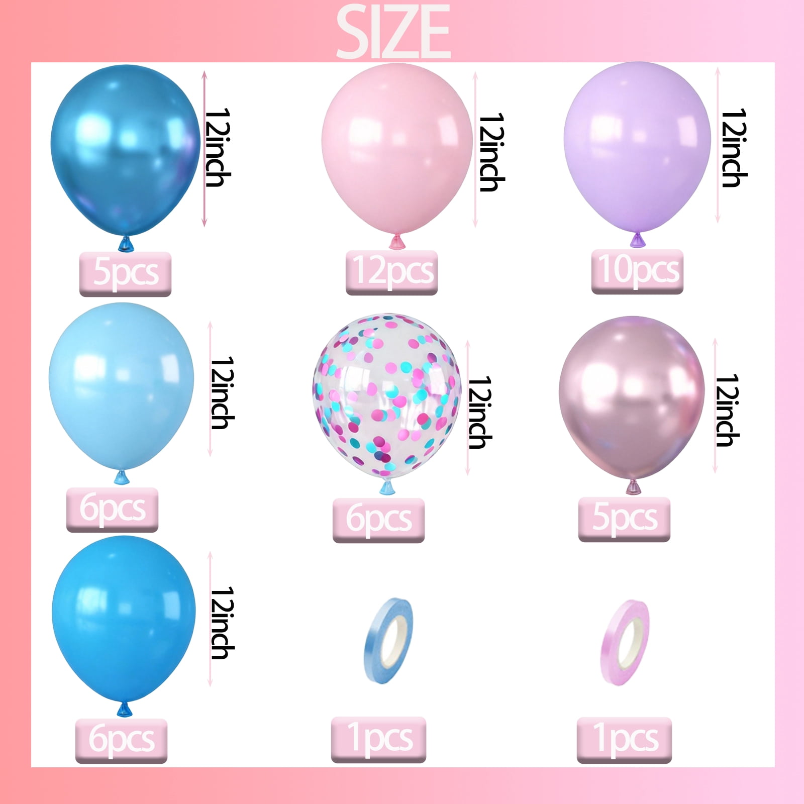 Qiameng Party Balloon Arch Kit, Pastel Pink Blue Purple Metallic Latex Balloons for Birthday Baby Shower Decorations (50 Count, 12 in) tbzd8