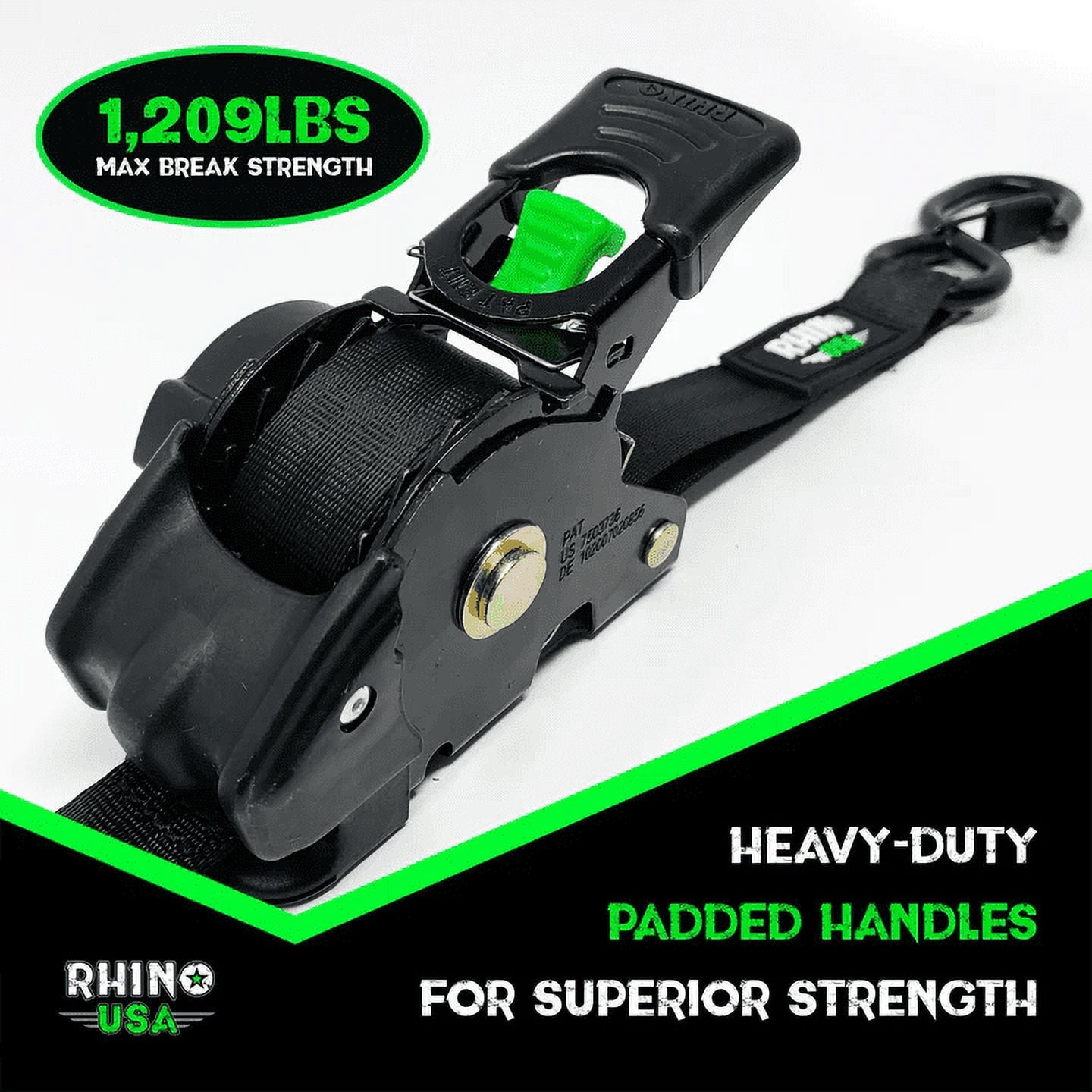 Rhino USA Retractable Ratchet Straps, Heavy-Duty Cargo Tie Downs with S-Hooks (Black, 2 Pack, 1 in x 10 ft) ekr0w