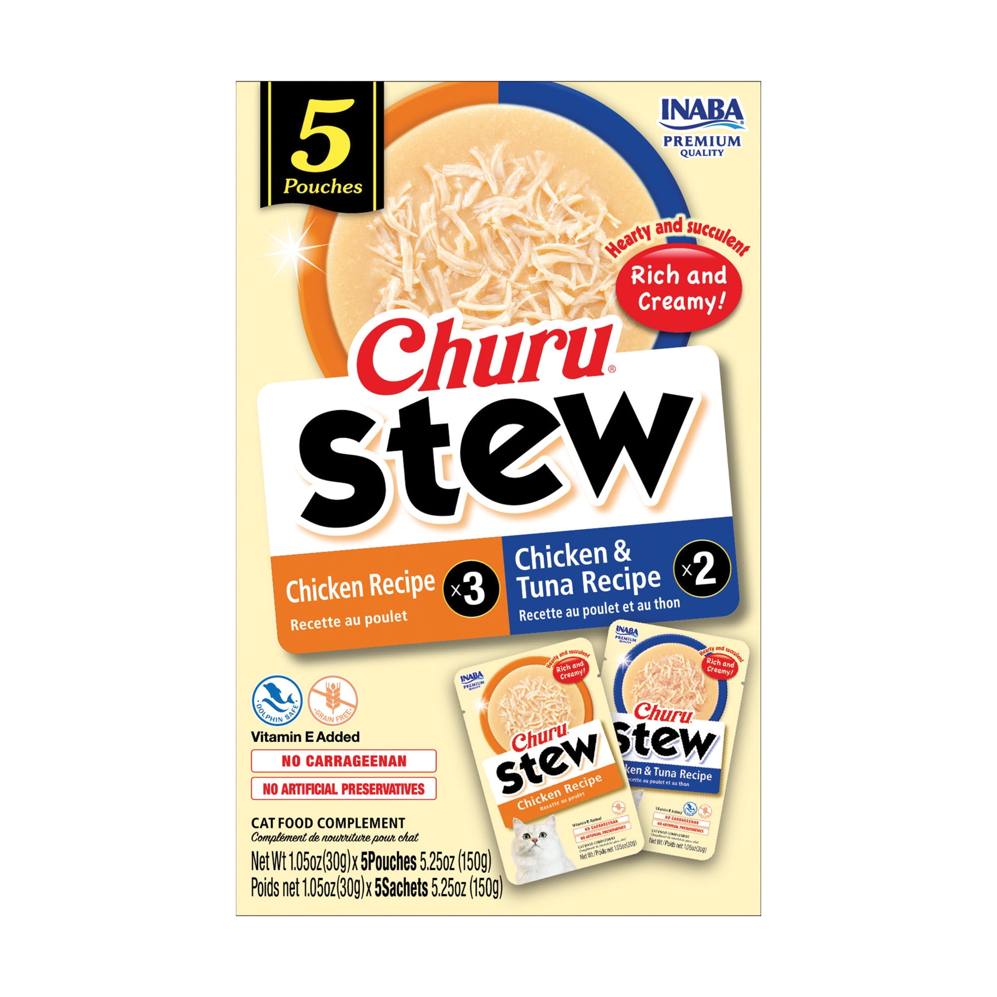 Inaba Churu Stew Grain-Free Cat Food Topper, Creamy Broth Gelée with Shredded Chicken and Tuna (Variety Pack, 5-Count, 1.05 oz) e0wyw