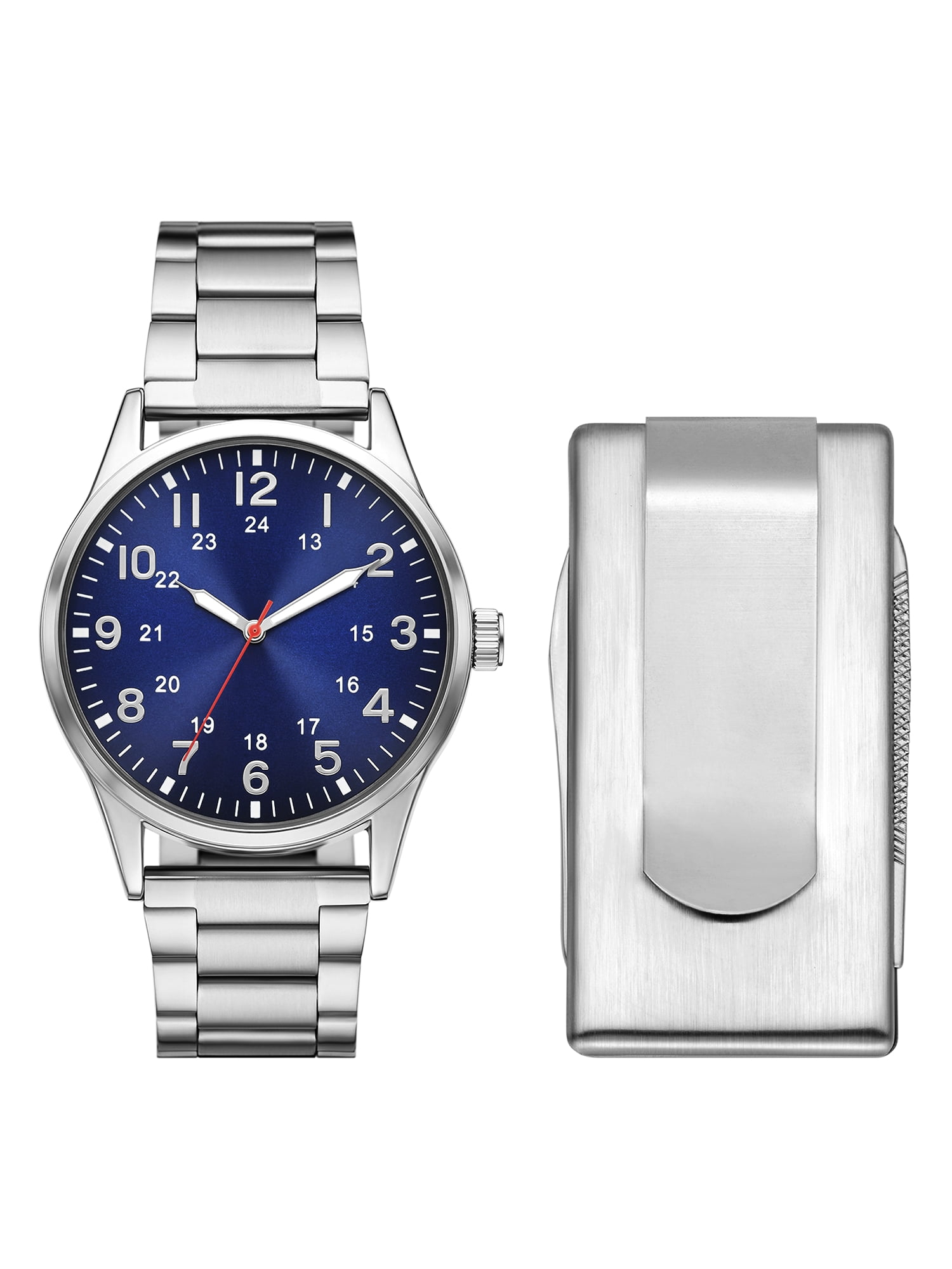 Folio Men's Stainless Steel Analog Watch and Money Clip Multi-Tool Gift Set (Silver, 42mm) 2y35f