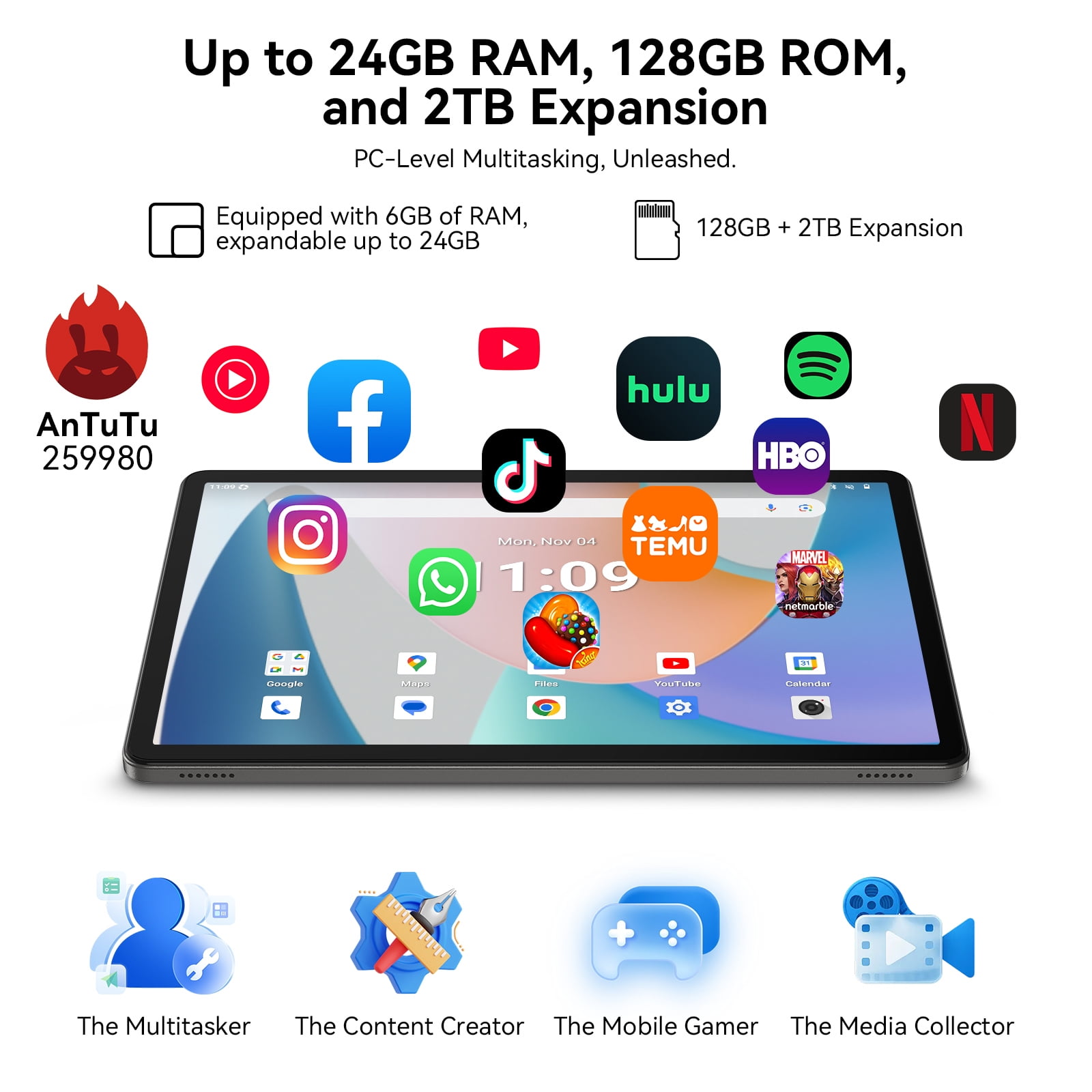 TABWEE Android 16 AI Tablet (11 in, 24GB RAM, 128GB ROM, Grey) 9c3xz