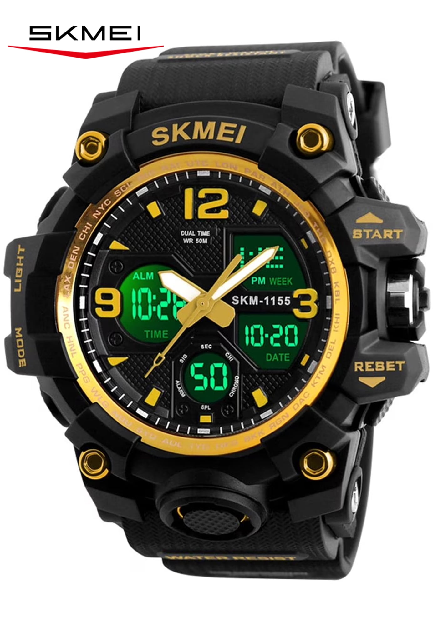 SKMEI Men's Digital Sports Watch, Large Face Military Style LED Display with Alarm and Stopwatch (Gold, 1.97 in) wu4s2